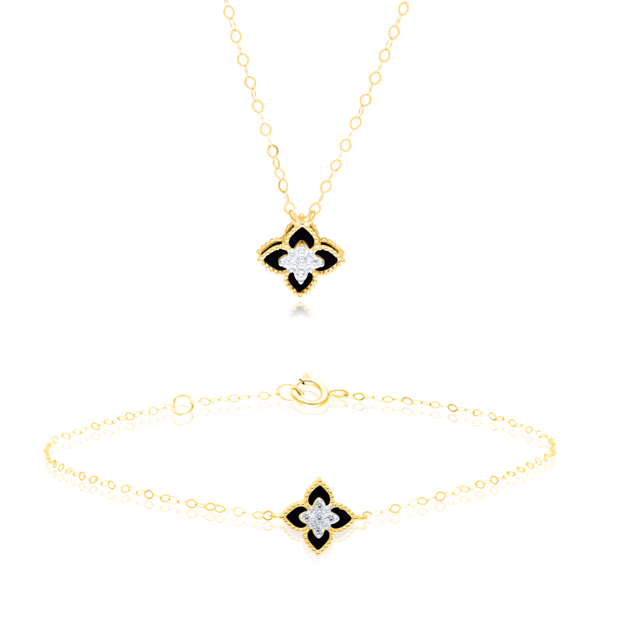 18K Pure Gold Black Flower Jewelry Set