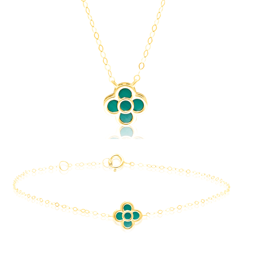 18K Pure Gold Green Flower Jewelry Set