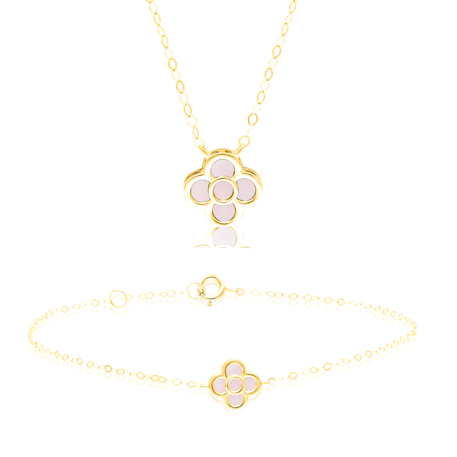 18K Pure Gold White Pink Flower Jewelry Set
