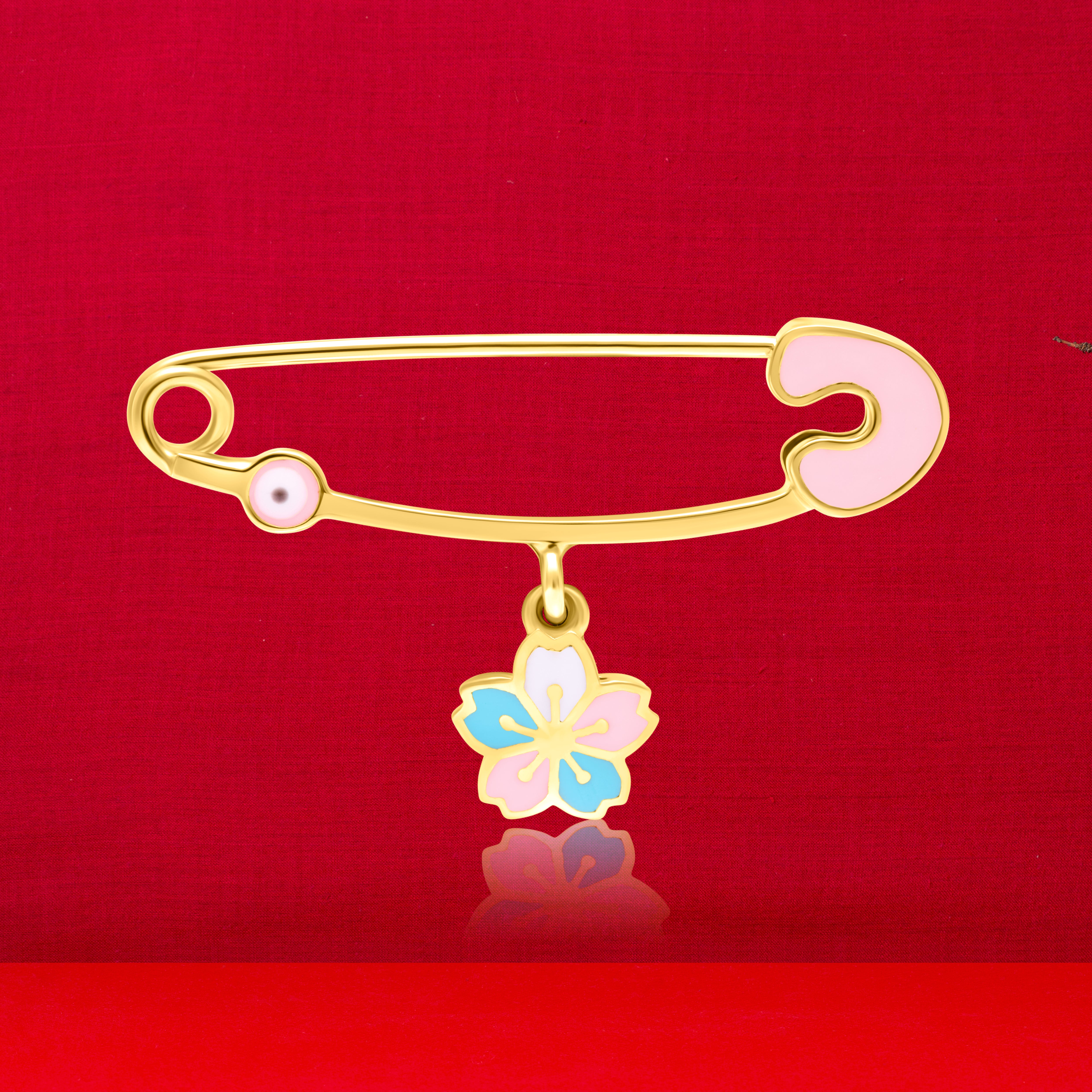 18K Pure Gold Pink Blue Flower Pin