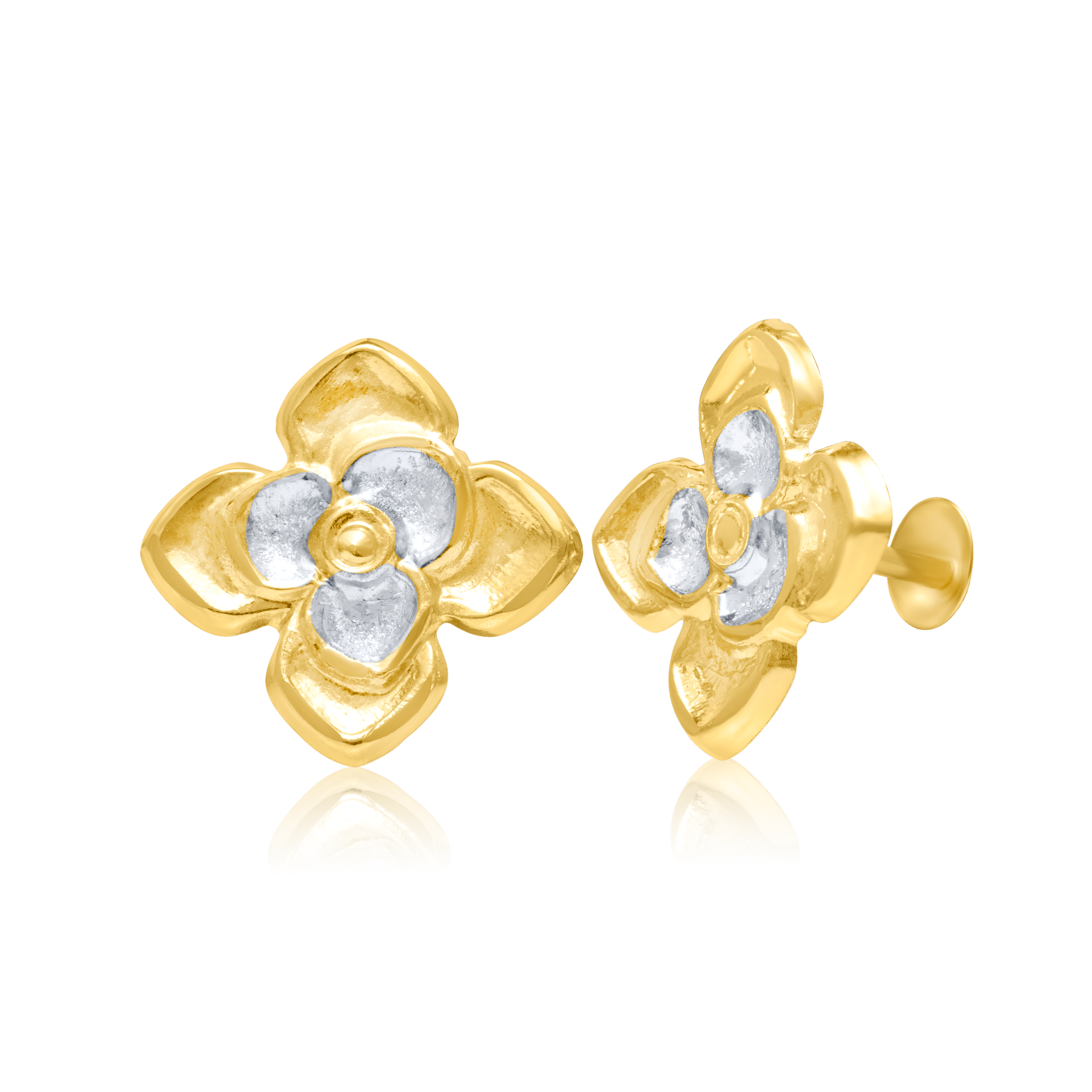 18K Pure Gold 2 Color Flower Screw Earring Set