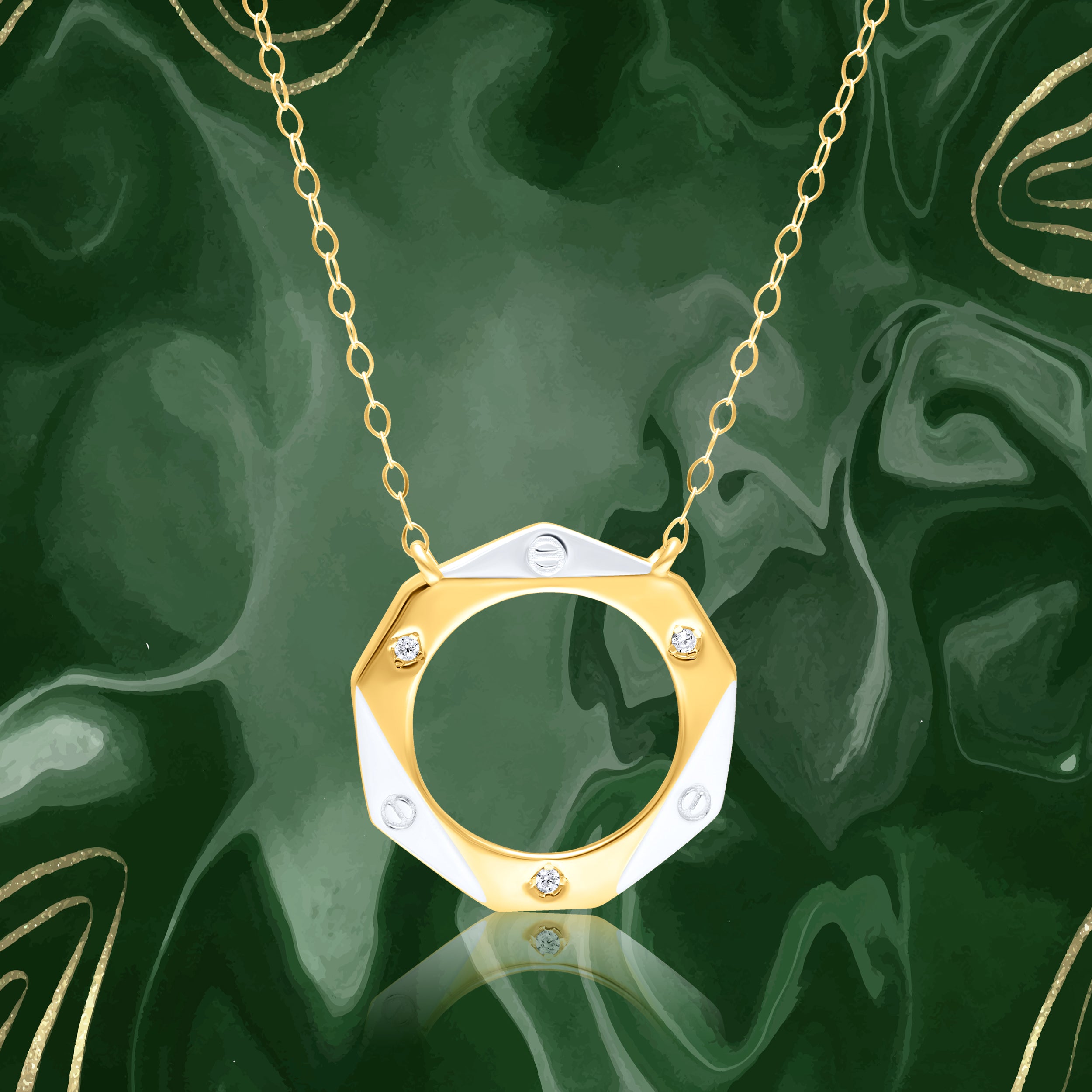 18K Pure Gold 2 Color Round Stone Necklace
