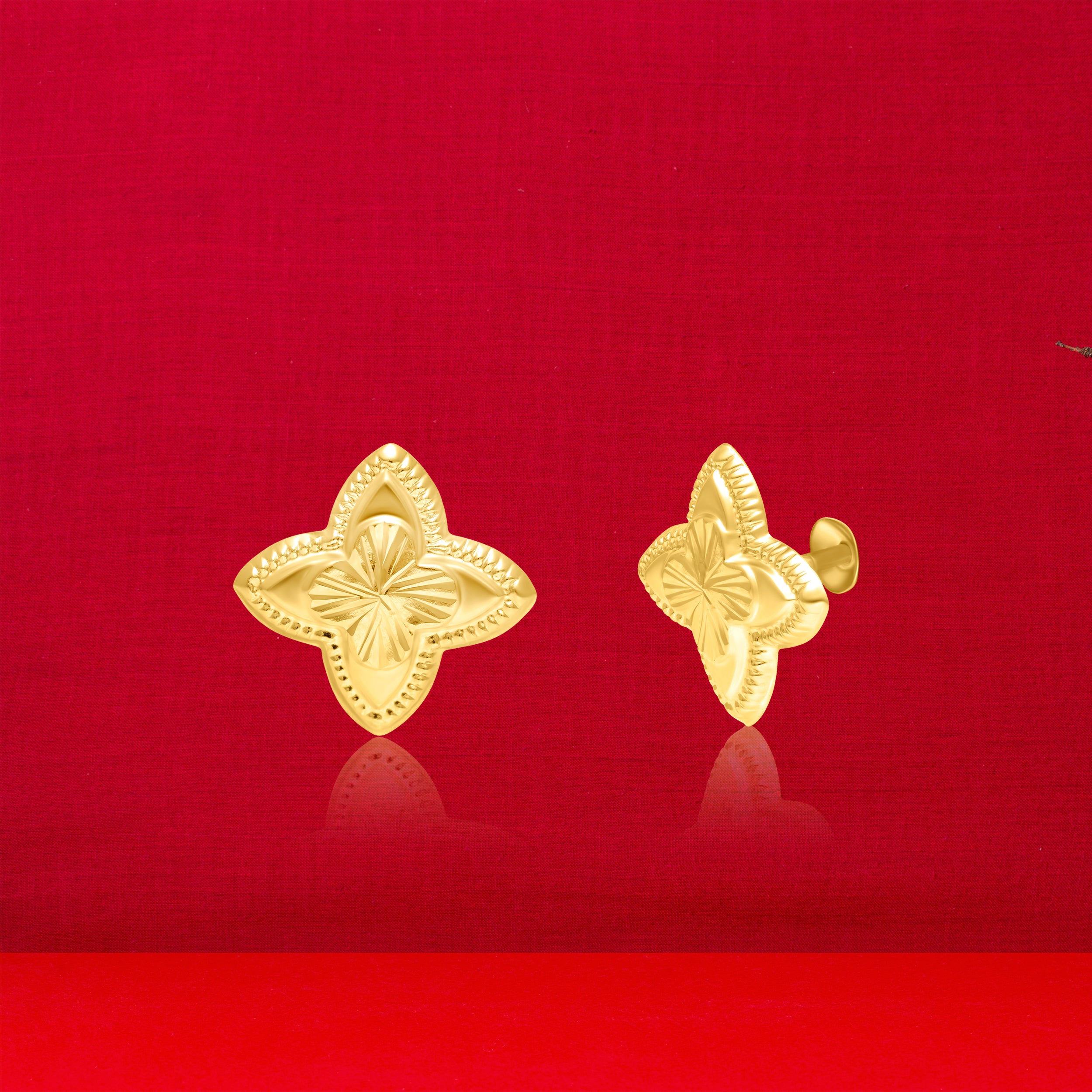 18K Pure Gold Flower Screw Earring Set