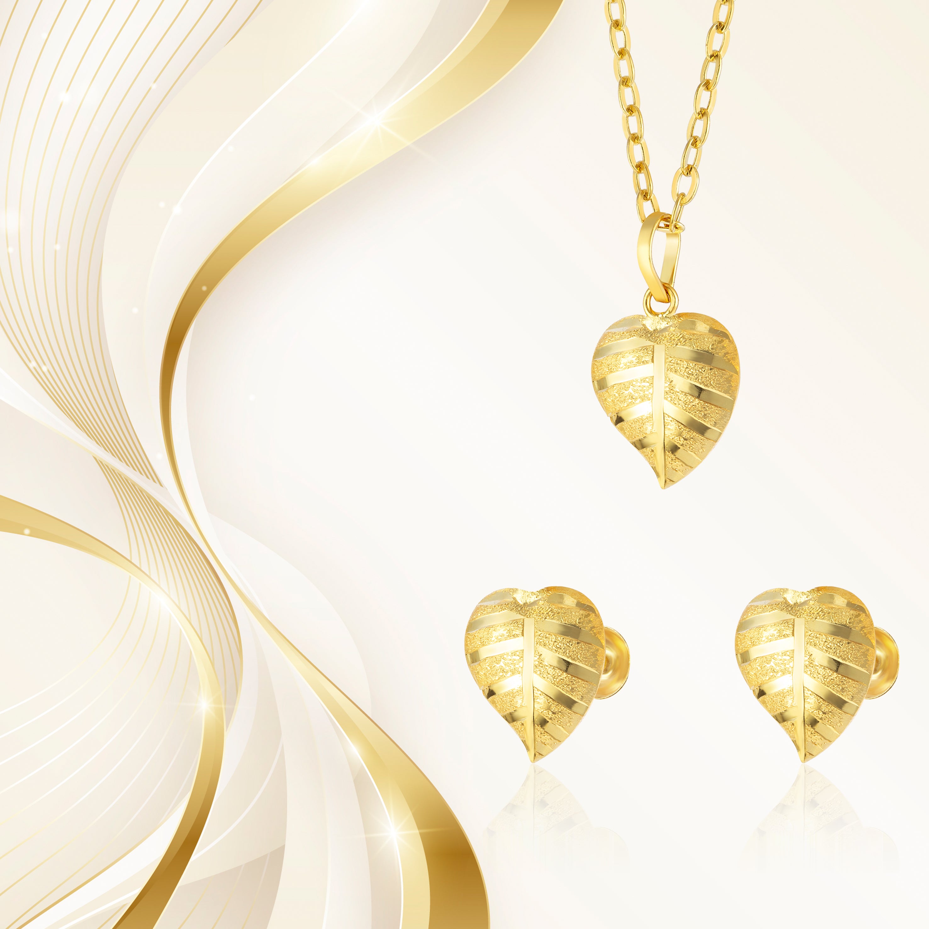 18K Pure Gold Curved Heart Screw Jewelry Set