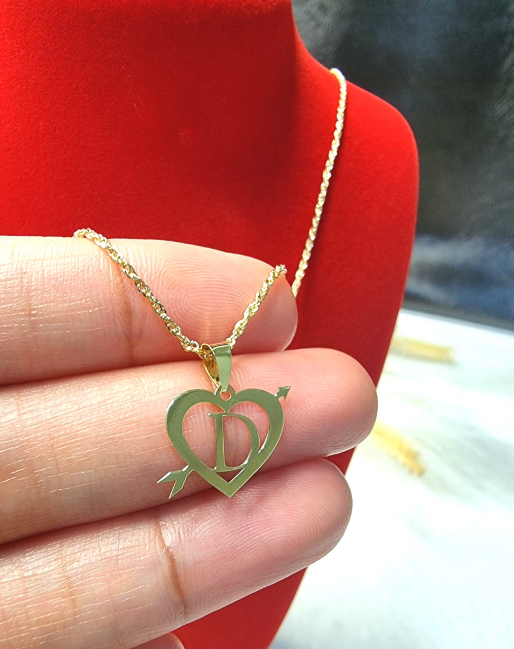 18K Pure Gold Heart Letter D Design Necklace