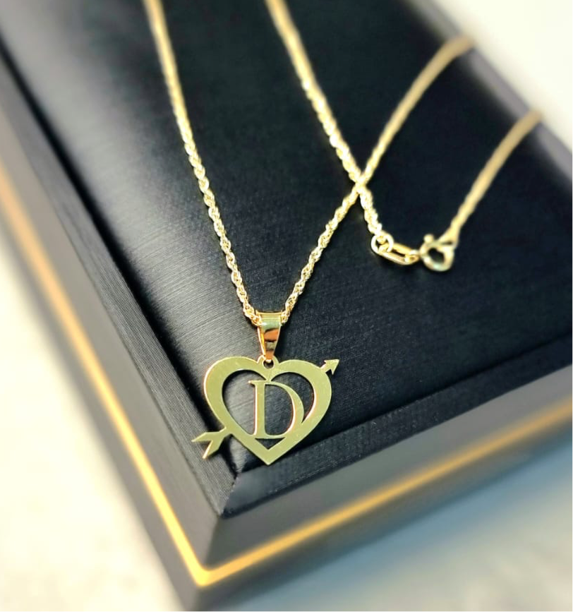 18K Pure Gold Heart Letter D Design Necklace