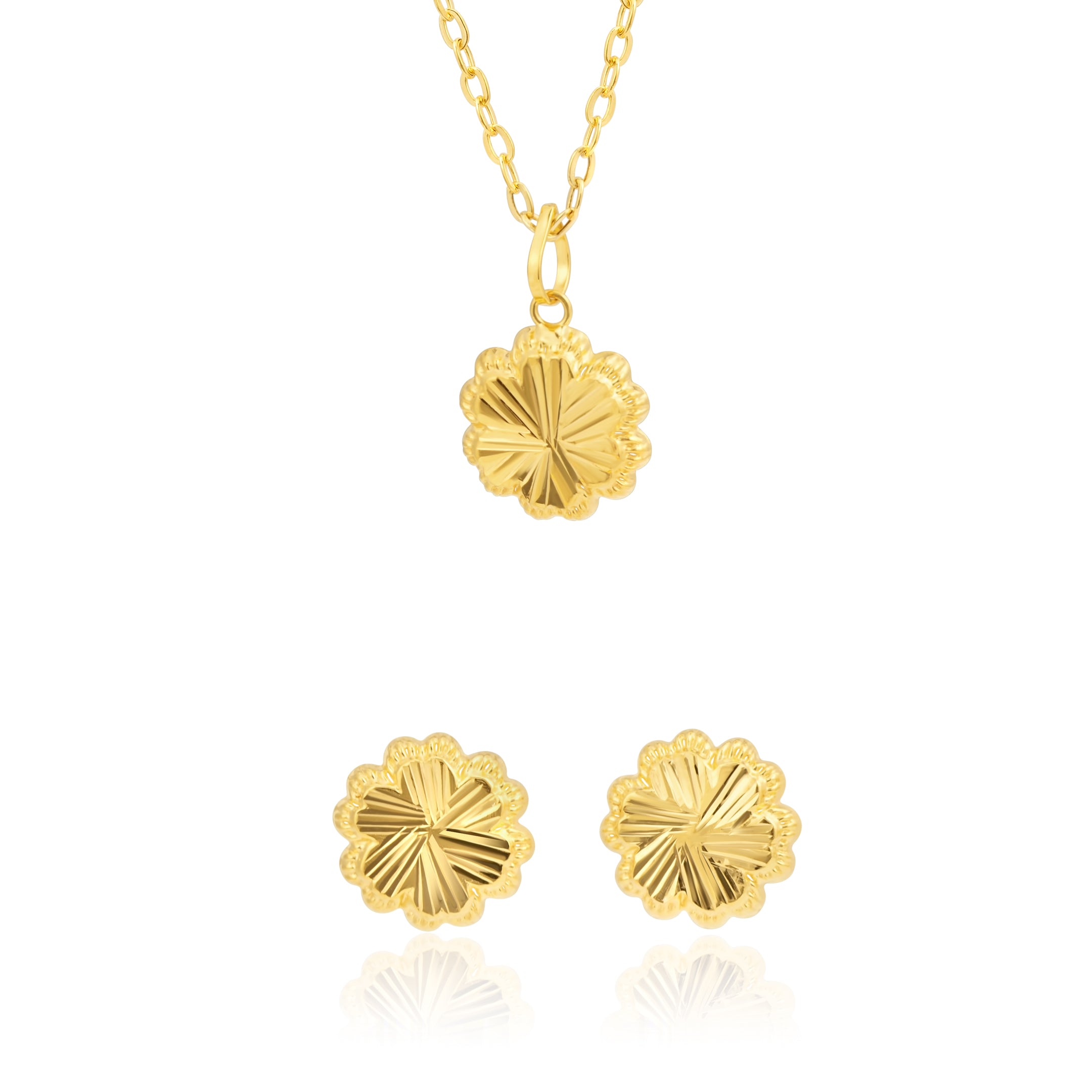 18K Pure Gold Fine Lined Flower Jewelry Set
