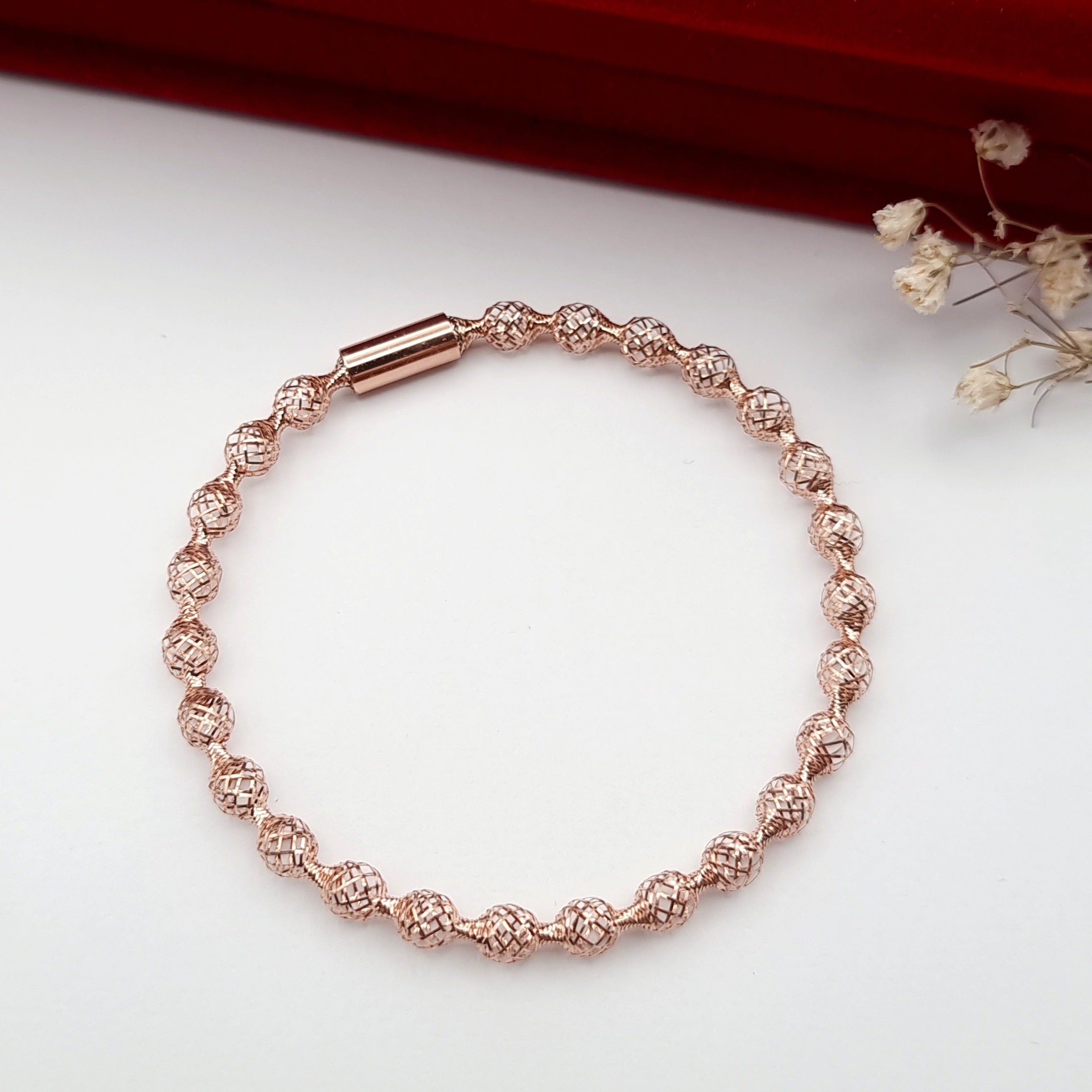 18K Pure Gold Elastic Net Ball Rose Bangle