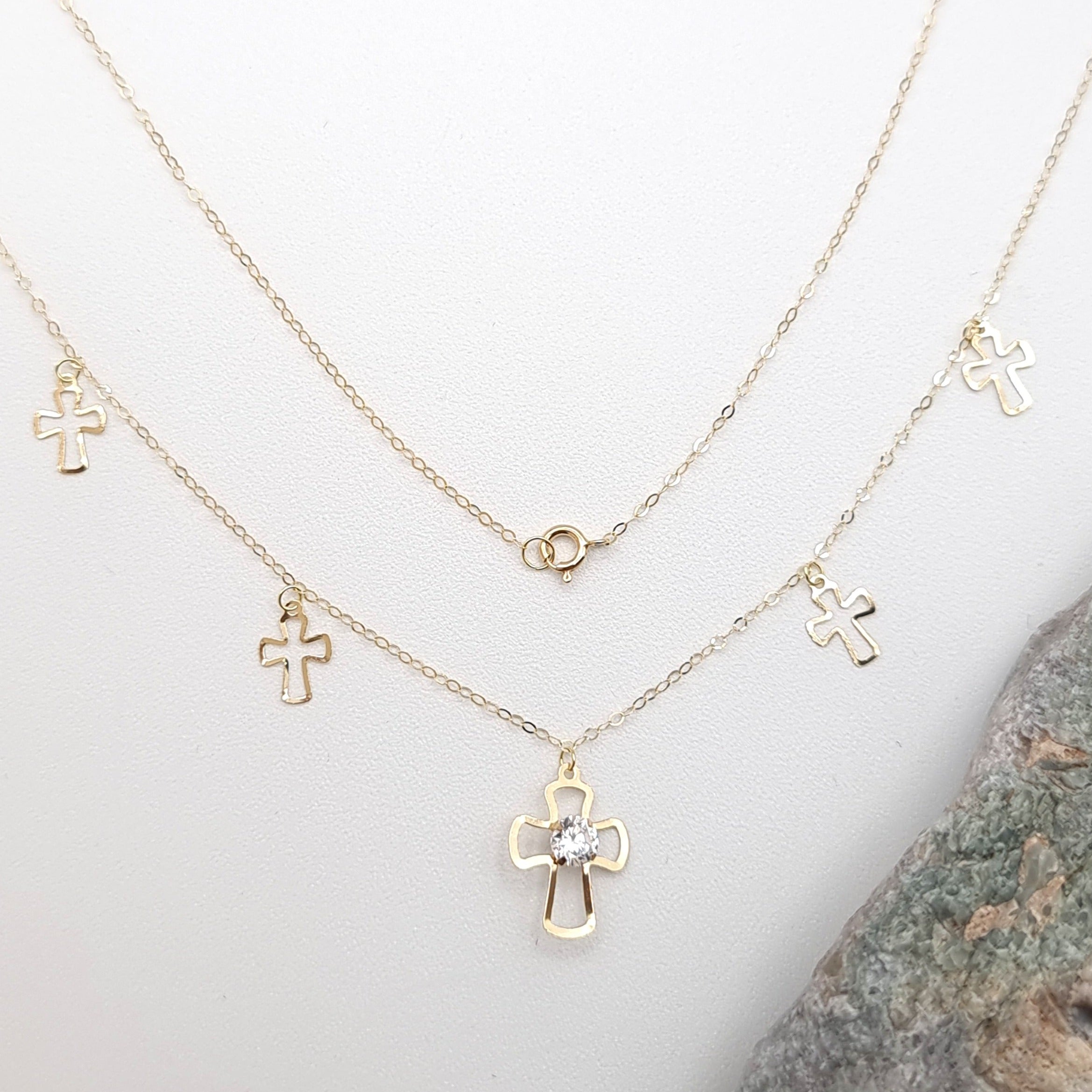 18K Pure Gold White Stone Cross Necklace