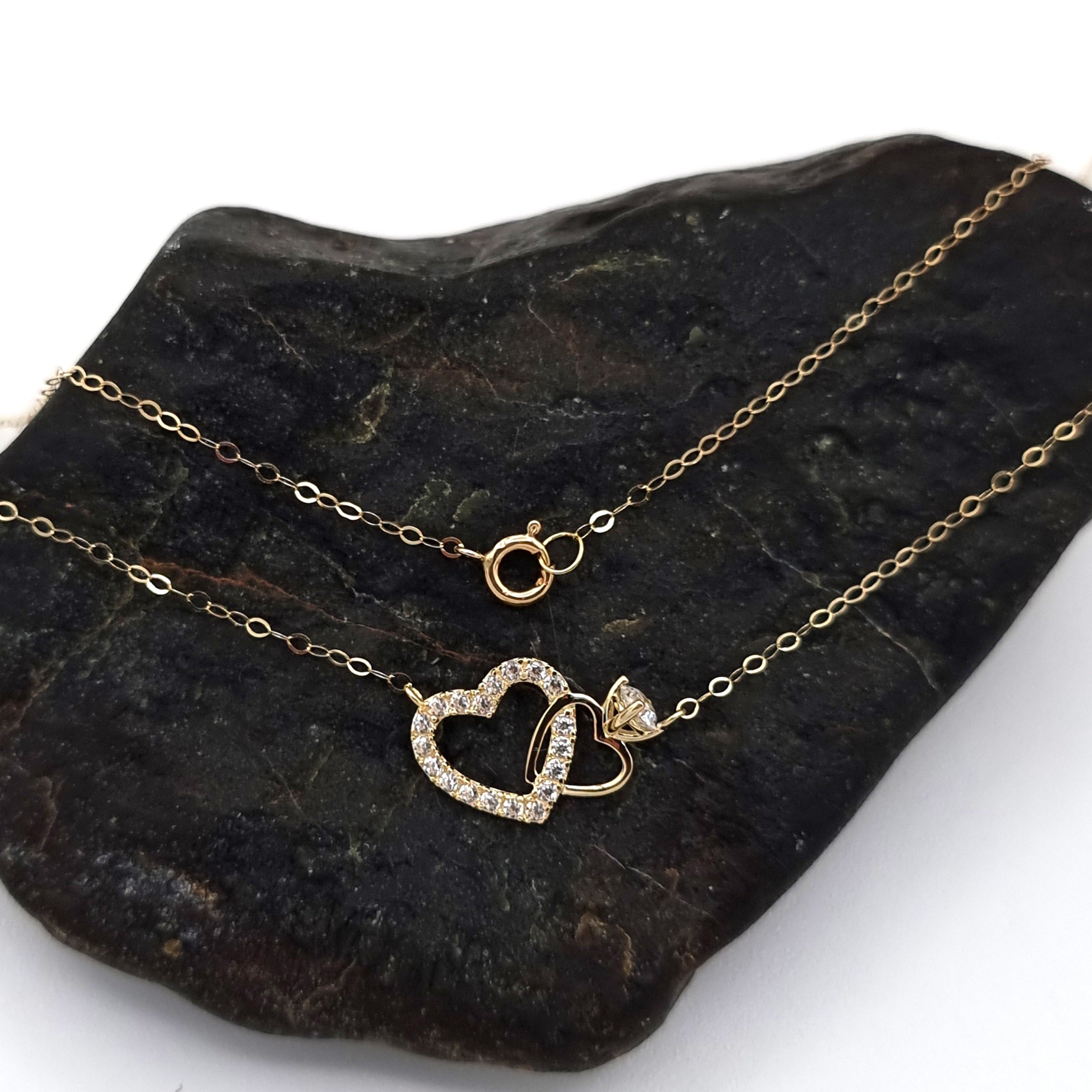 18K Pure Gold Heart Ring Stone Necklace