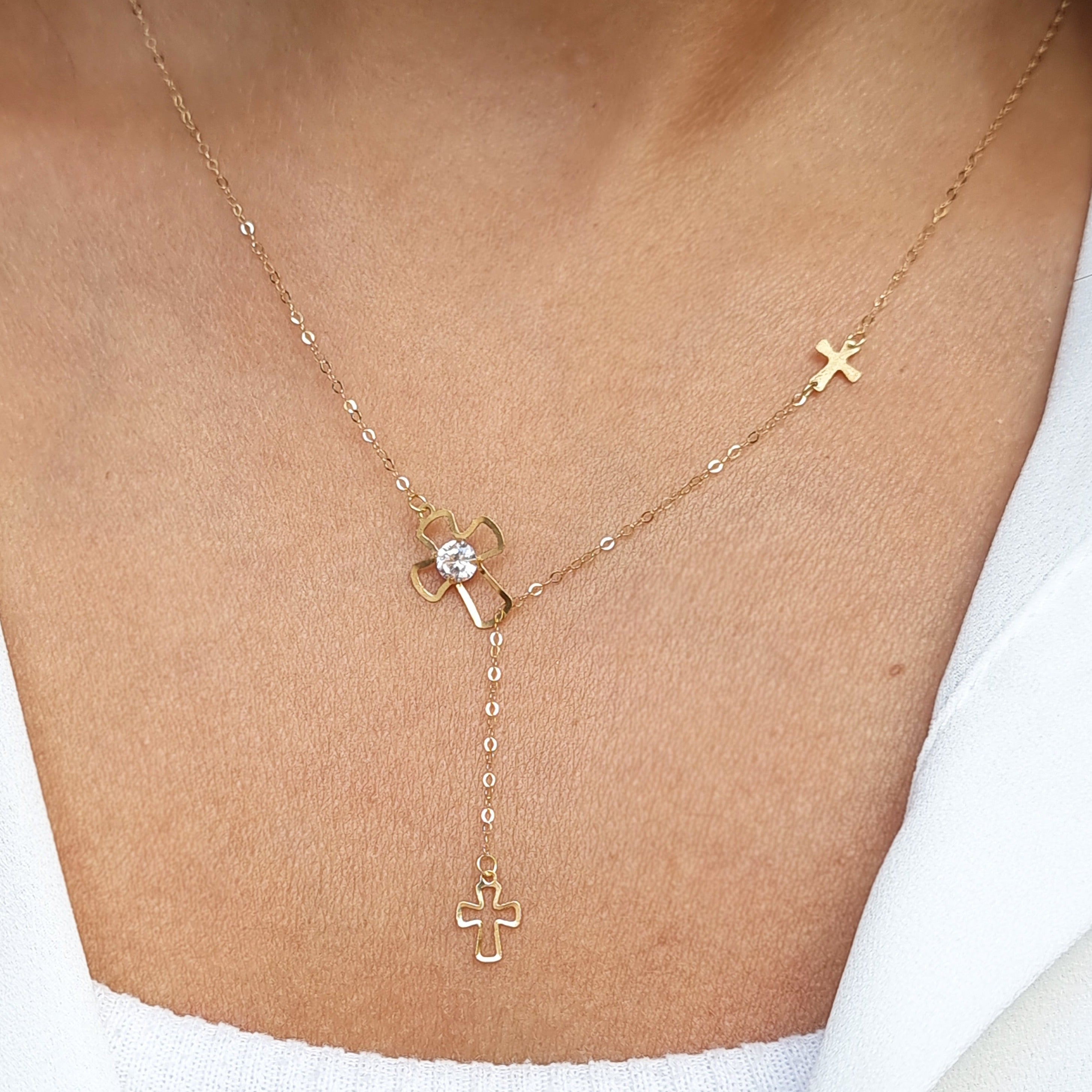 18K Pure Gold White Stone Cross Necklace