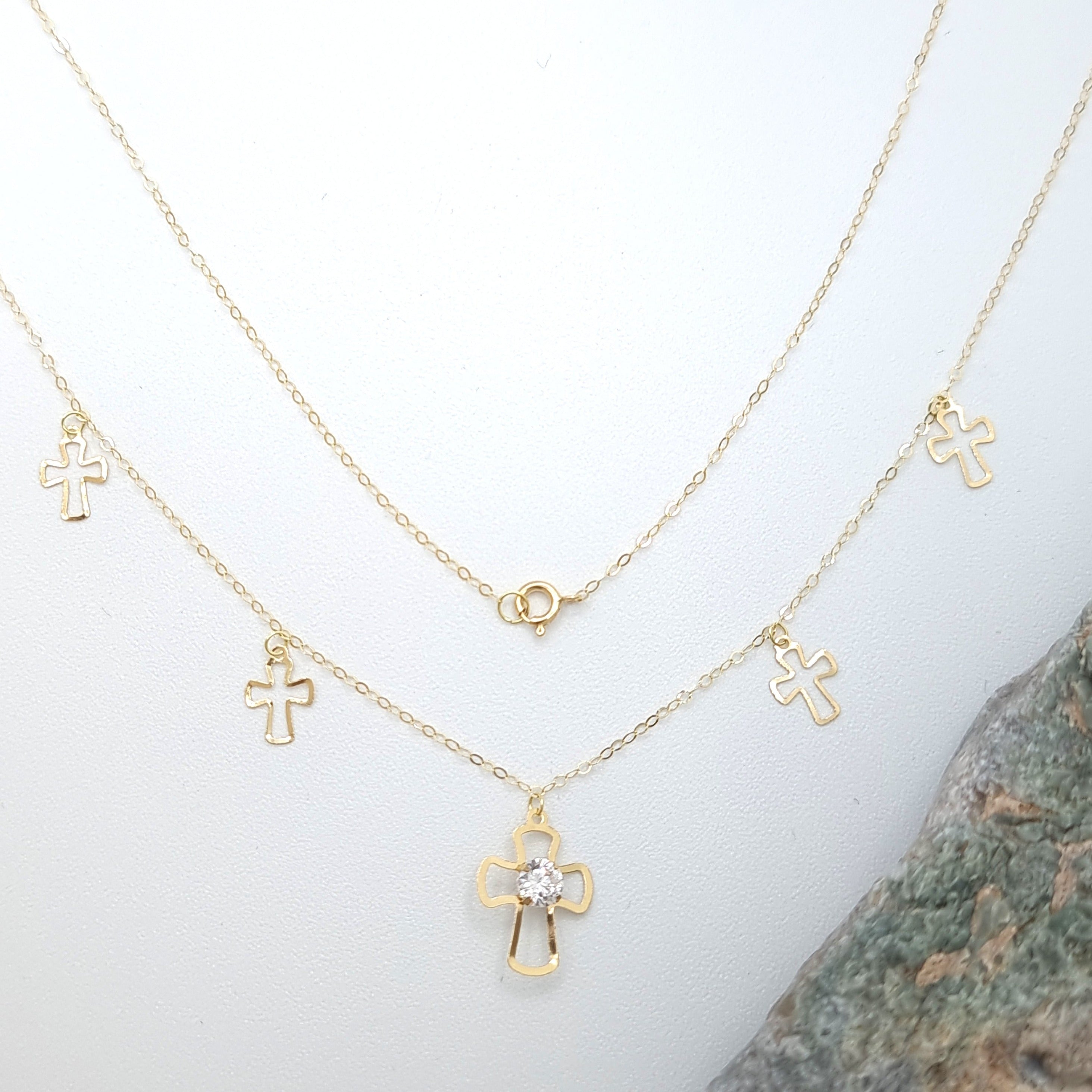 18K Pure Gold White Stone Cross Necklace