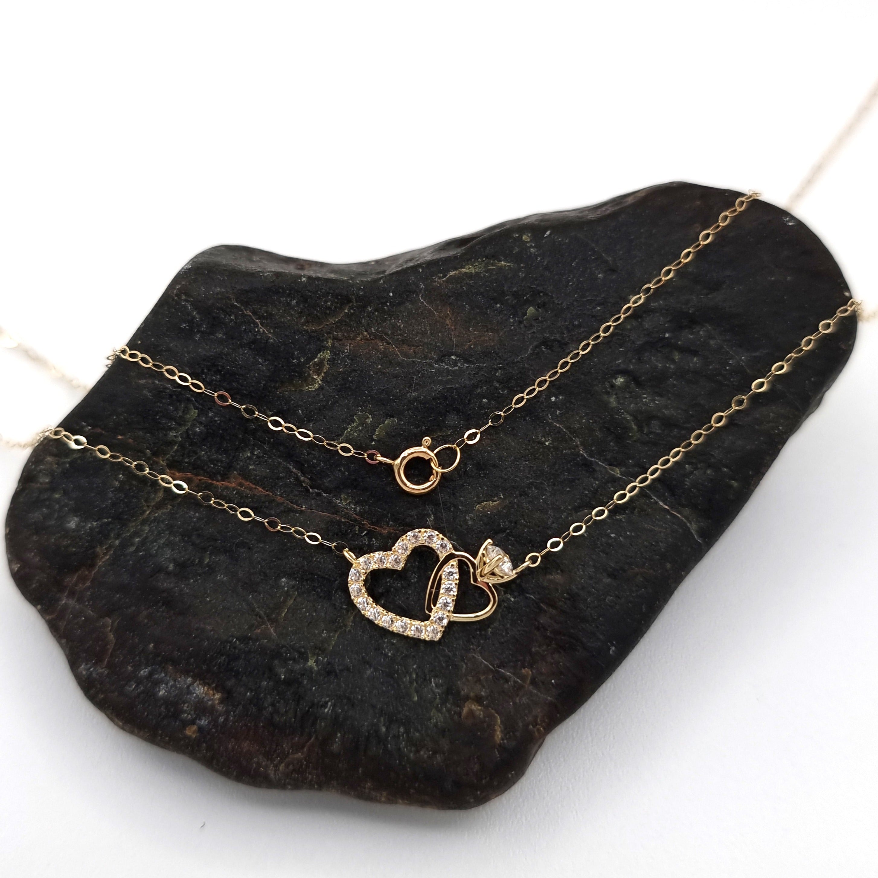 18K Pure Gold Heart Ring Stone Necklace