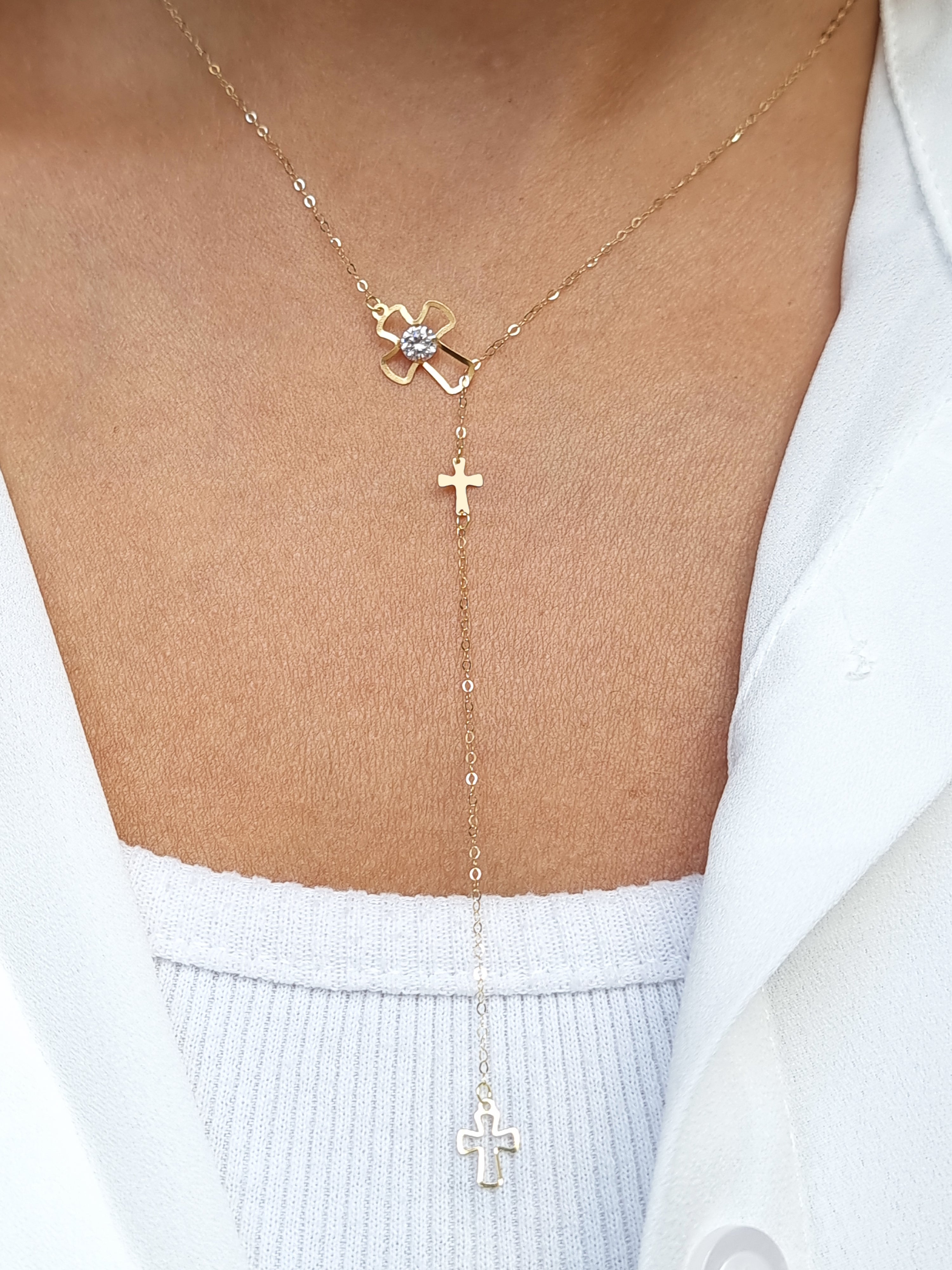 18K Pure Gold White Stone Cross Necklace