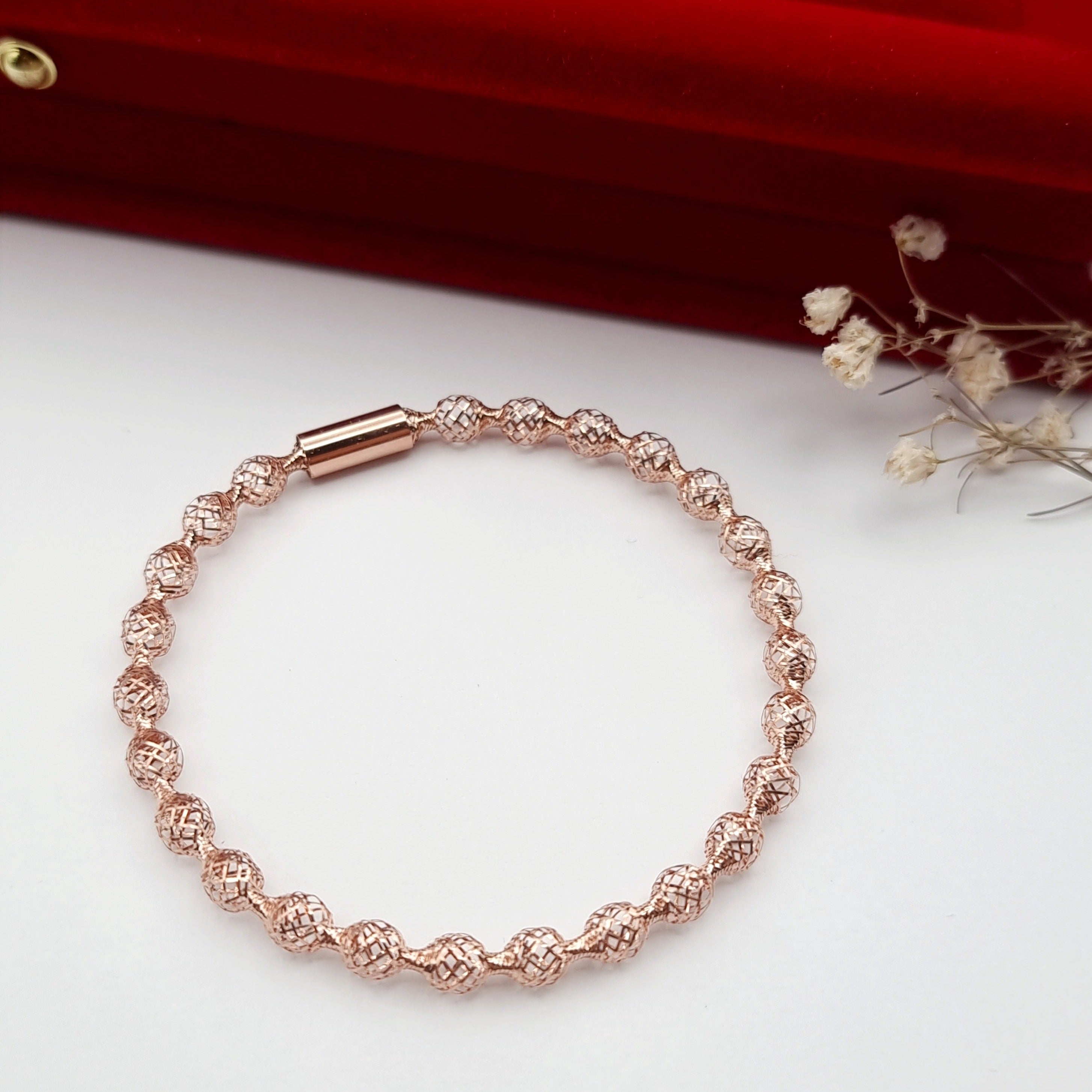 18K Pure Gold Elastic Net Ball Rose Bangle