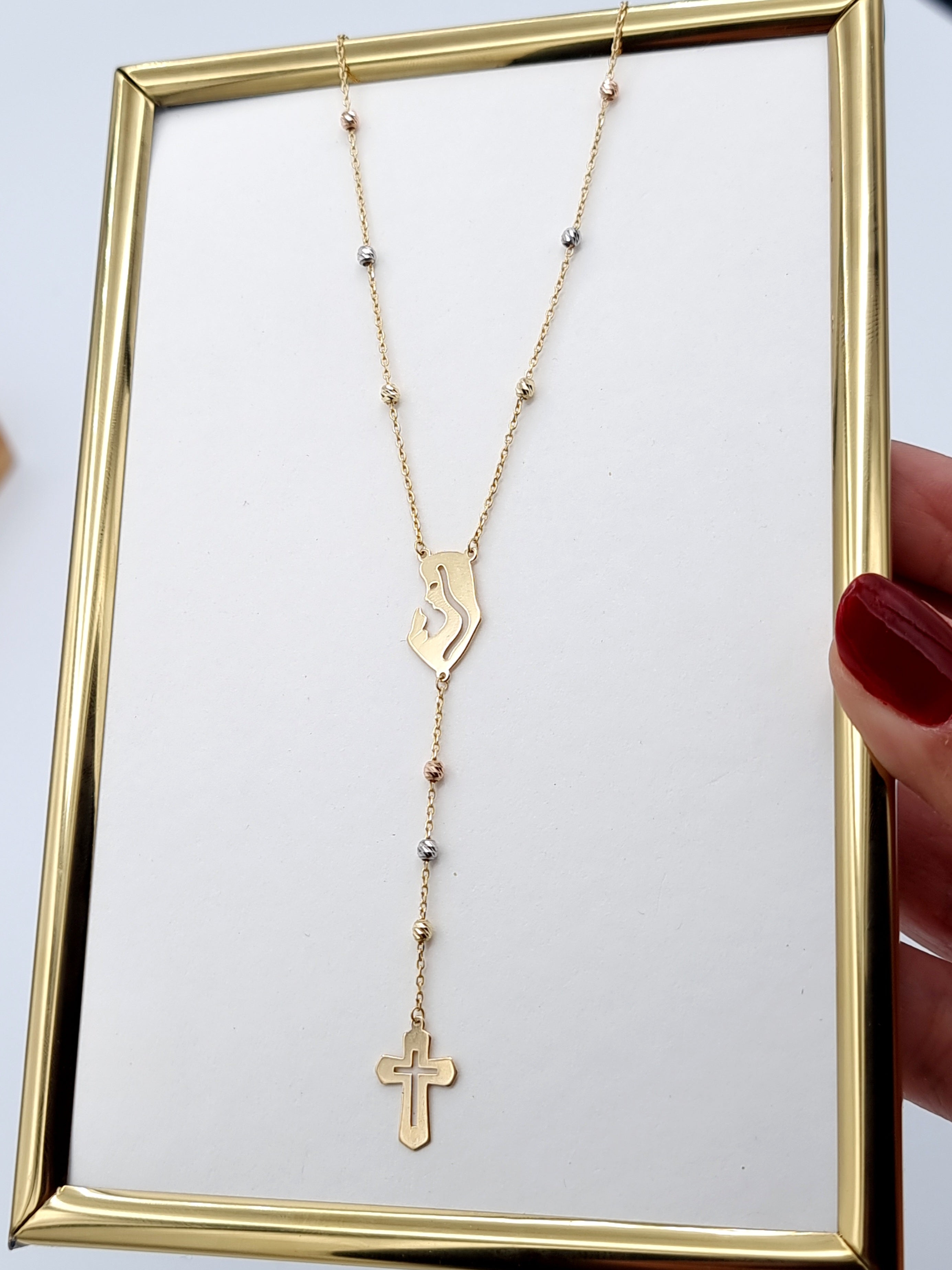 18K Pure Gold Elegant Mama Mary Cross Necklace