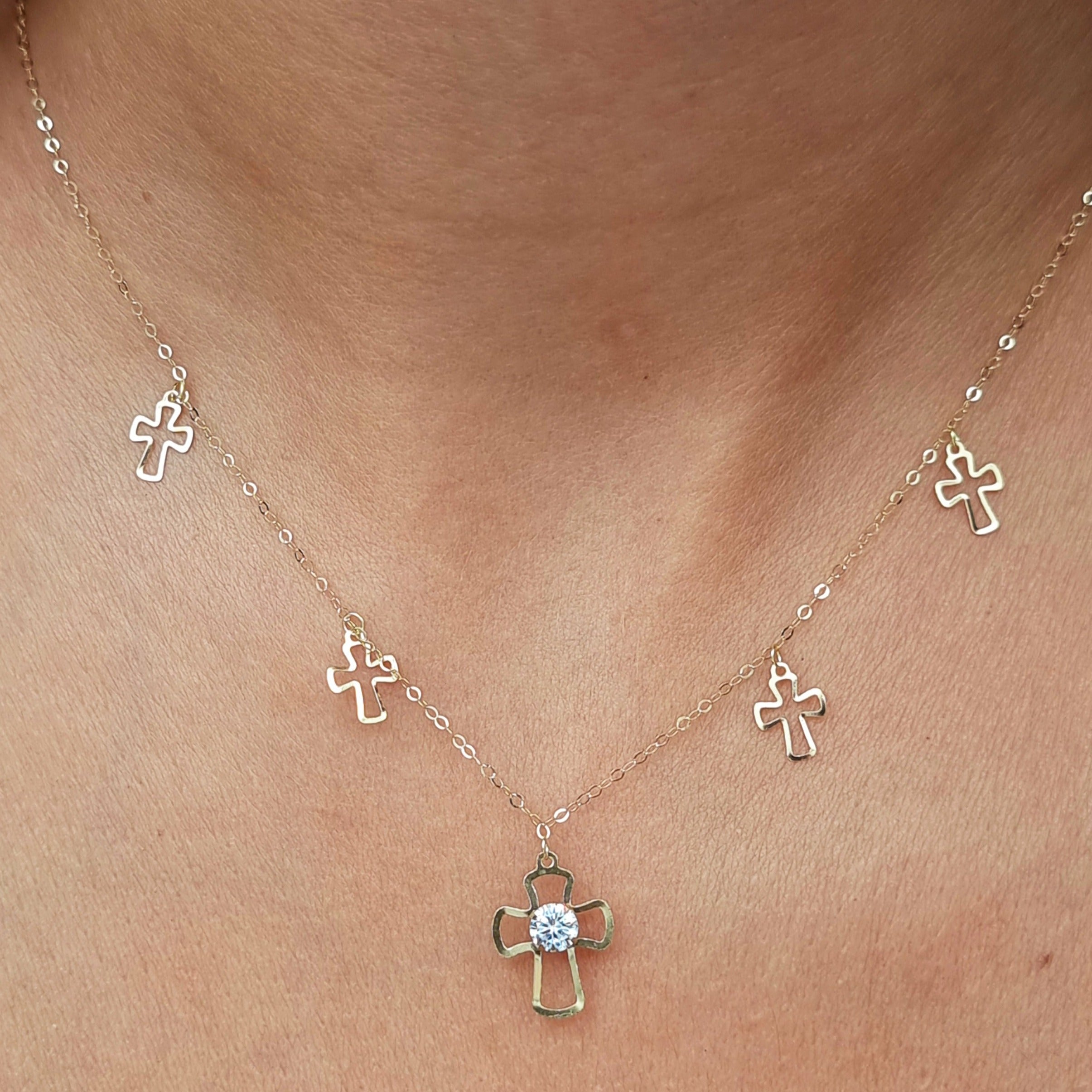 18K Pure Gold White Stone Cross Necklace