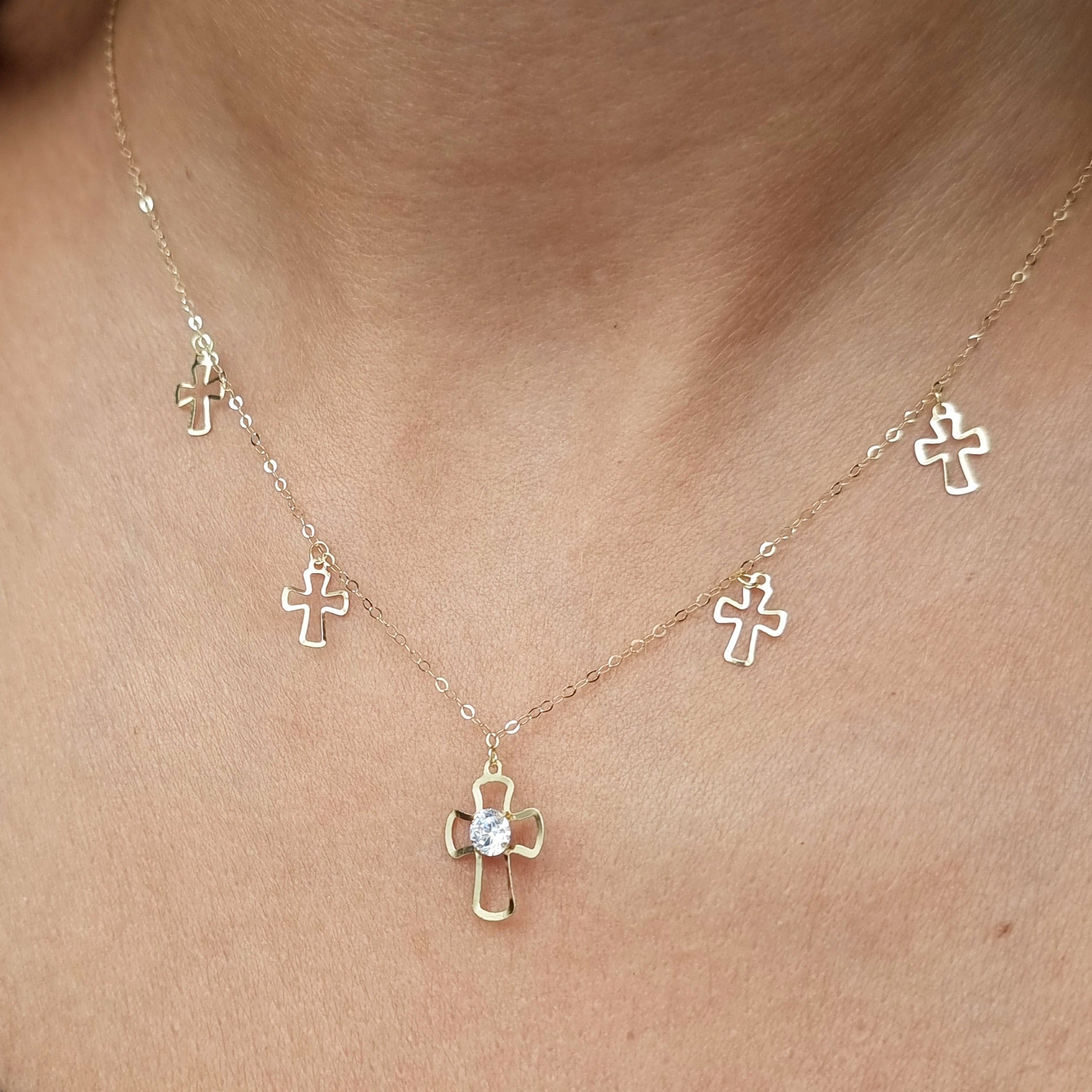 18K Pure Gold White Stone Cross Necklace