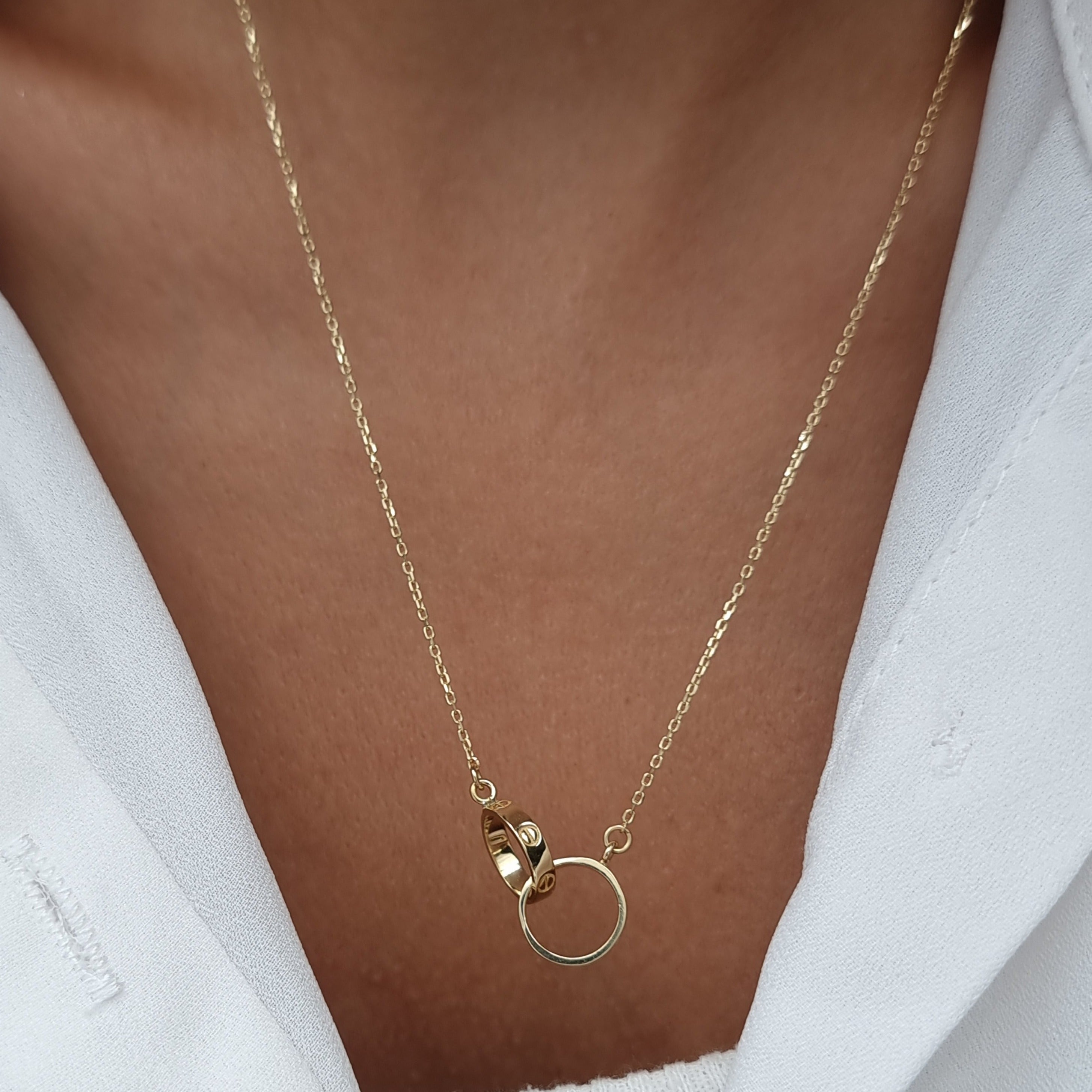 18K Pure Gold Elegant Double Round C.H Ring Necklace