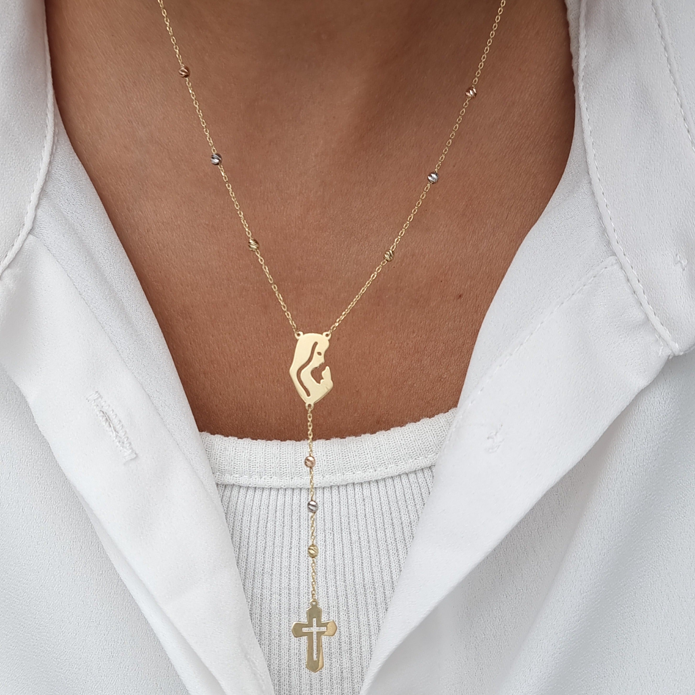 18K Pure Gold Elegant Mama Mary Cross Necklace