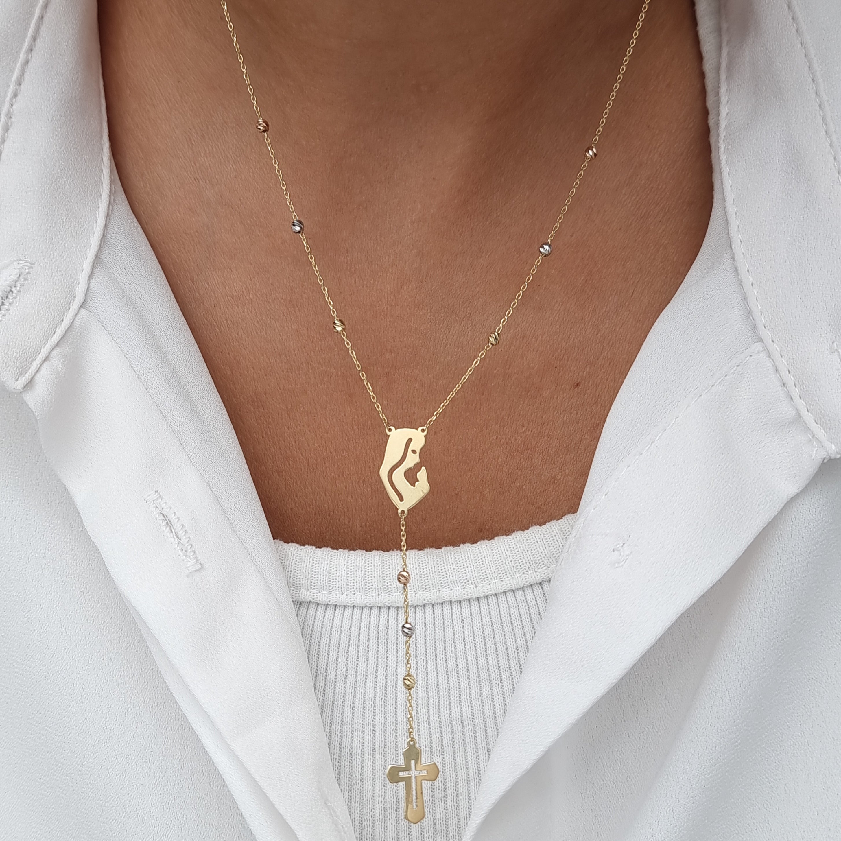 18K Pure Gold Elegant Mama Mary Cross Necklace