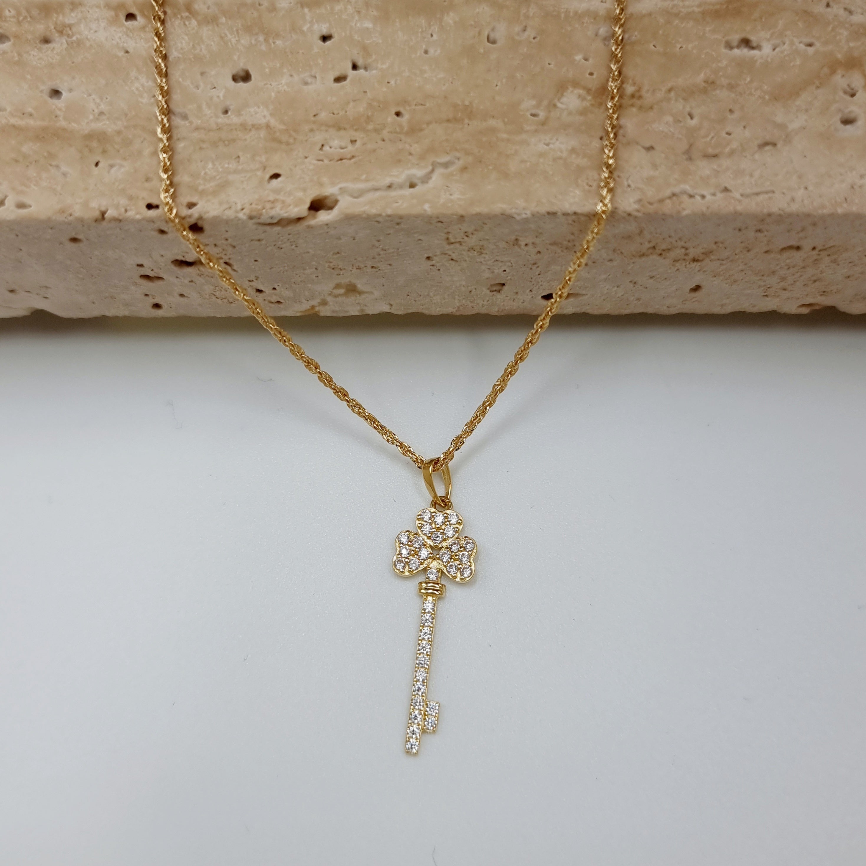 18K Pure Gold Key Design w/ Zircon Stone Necklace