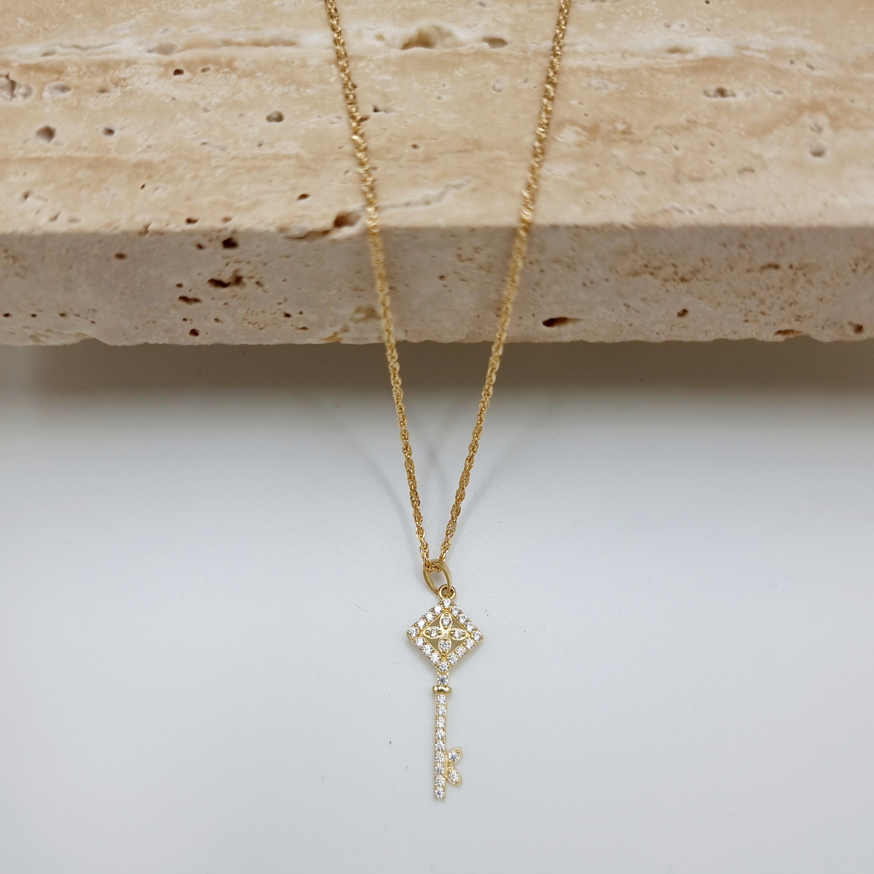 18K Pure Gold Key Design w/ Zircon Stone Necklace