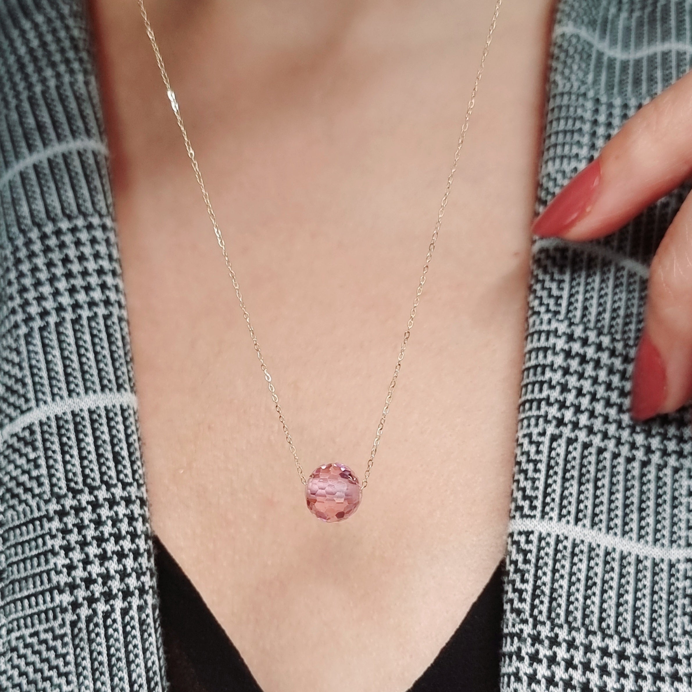 18K Pure Gold Pink Ball Stone Necklace