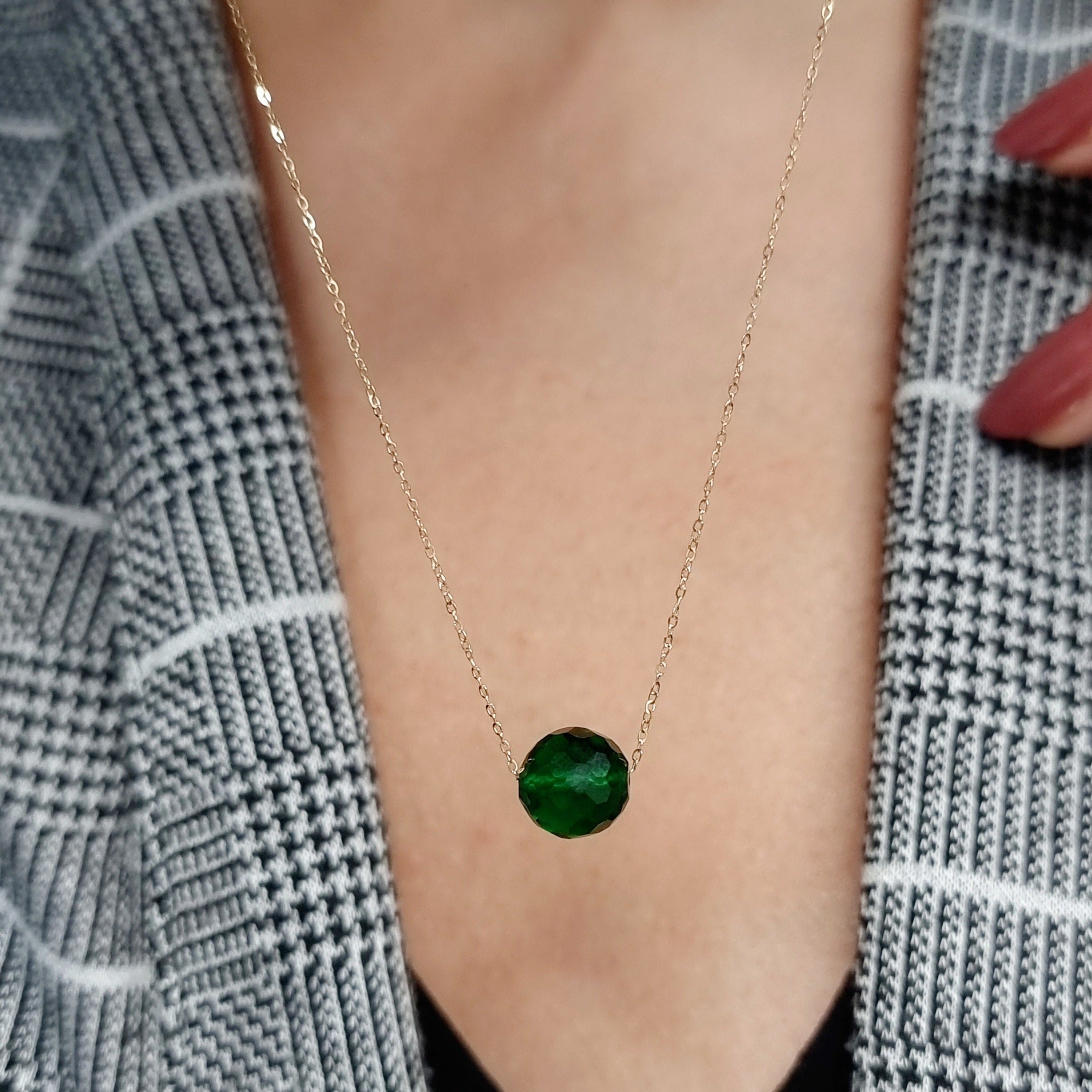 18K Pure Gold Green Ball Stone Necklace