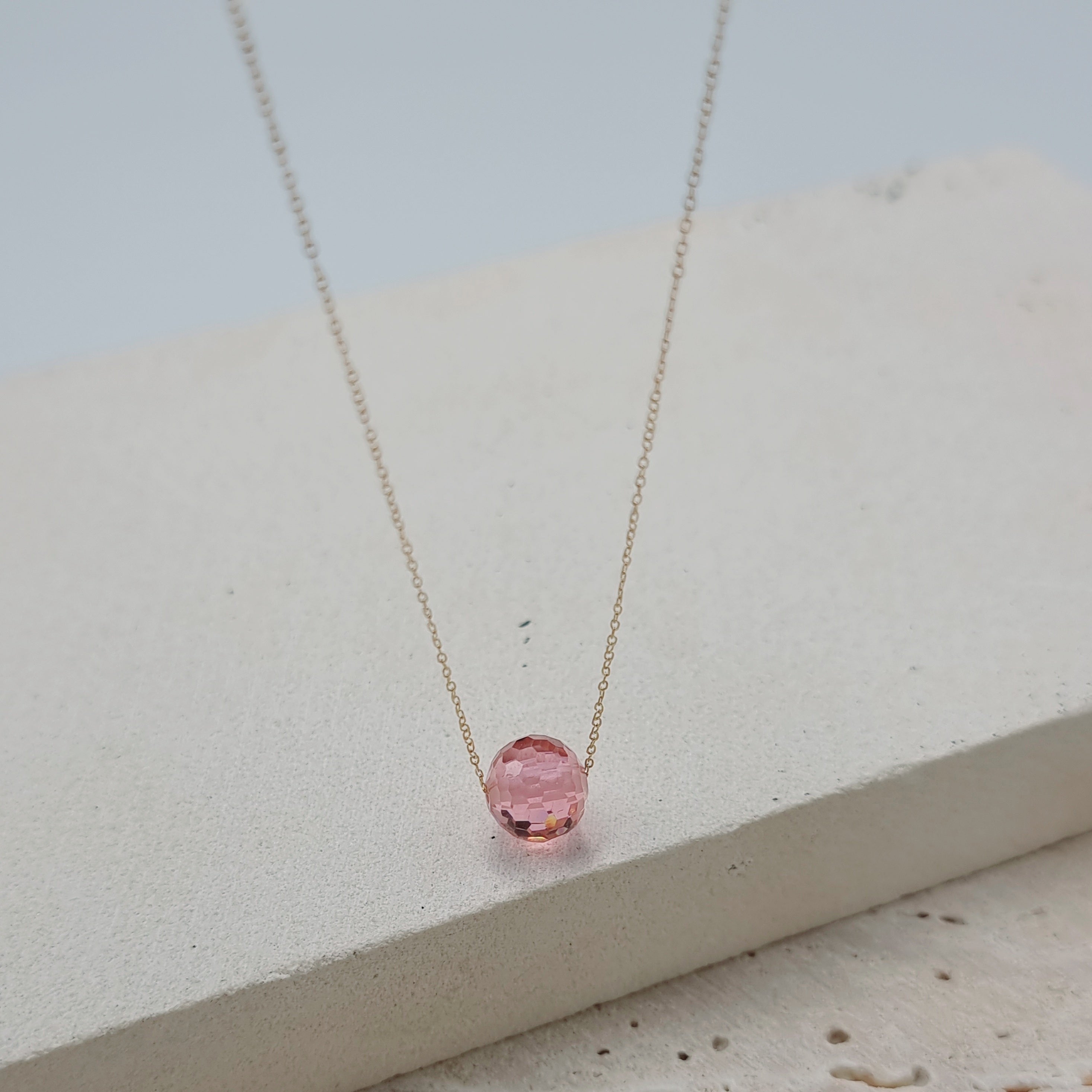 18K Pure Gold Pink Ball Stone Necklace