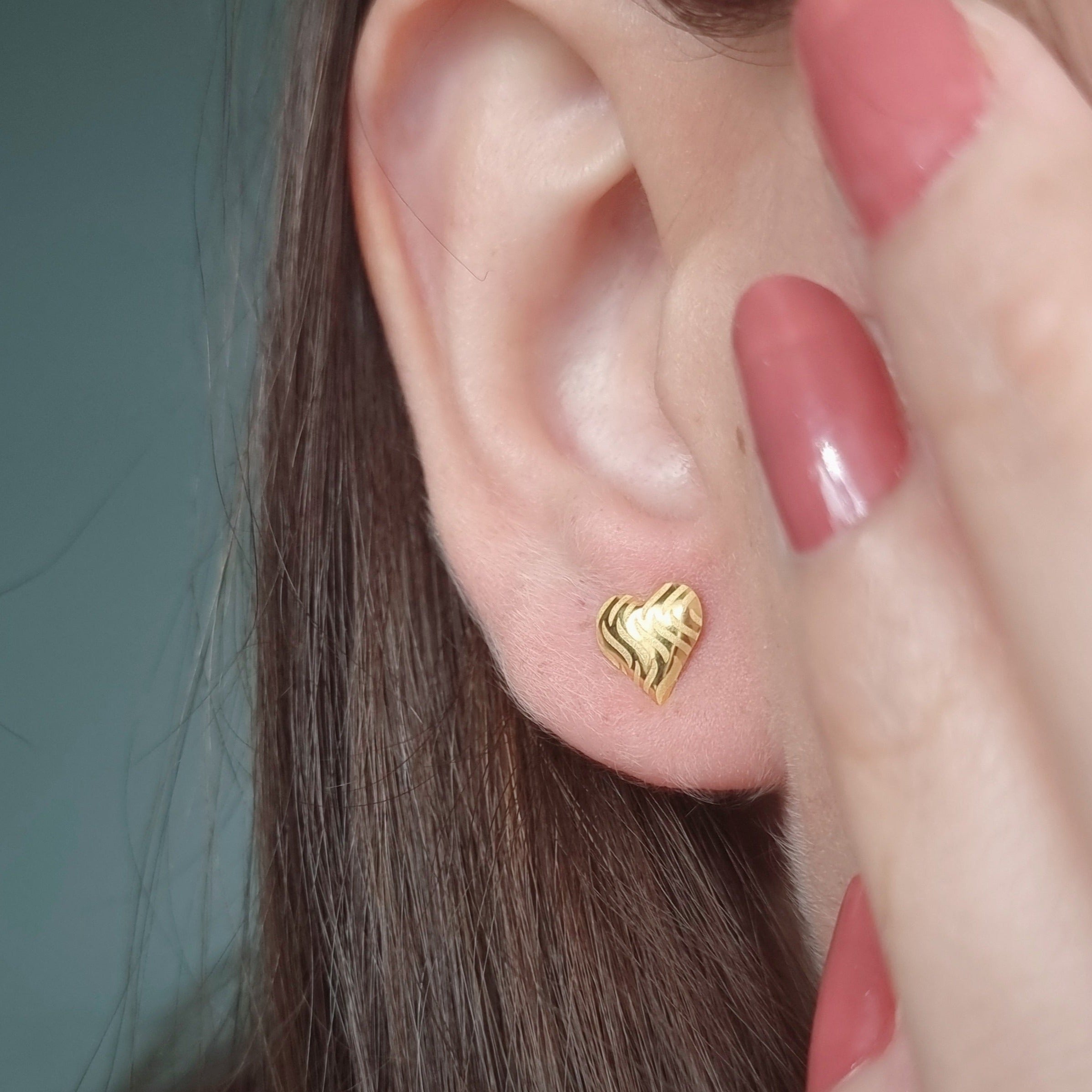 18K Pure Gold Heart Stud Earring Set