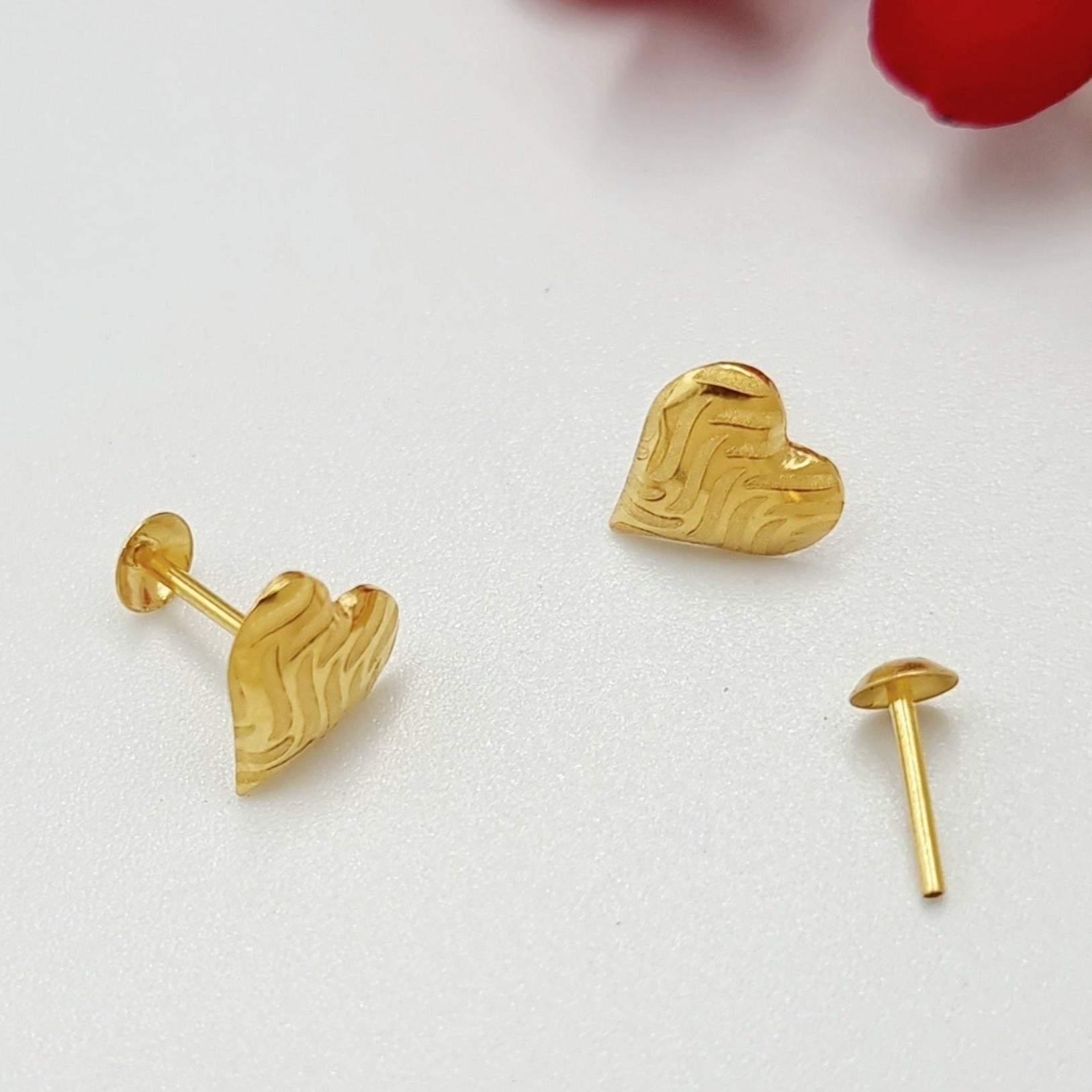 18K Pure Gold Heart Stud Earring Set