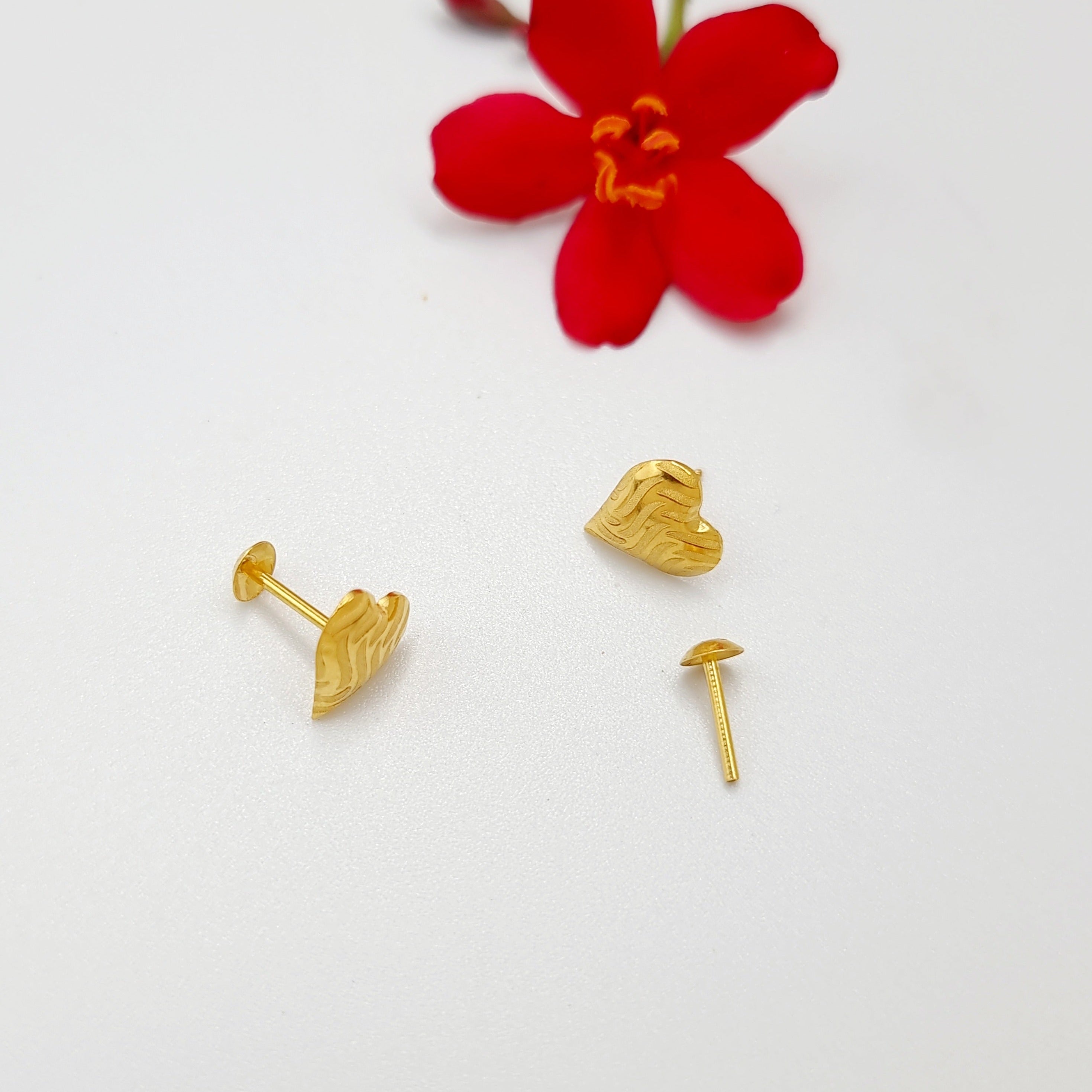 18K Pure Gold Heart Stud Earring Set