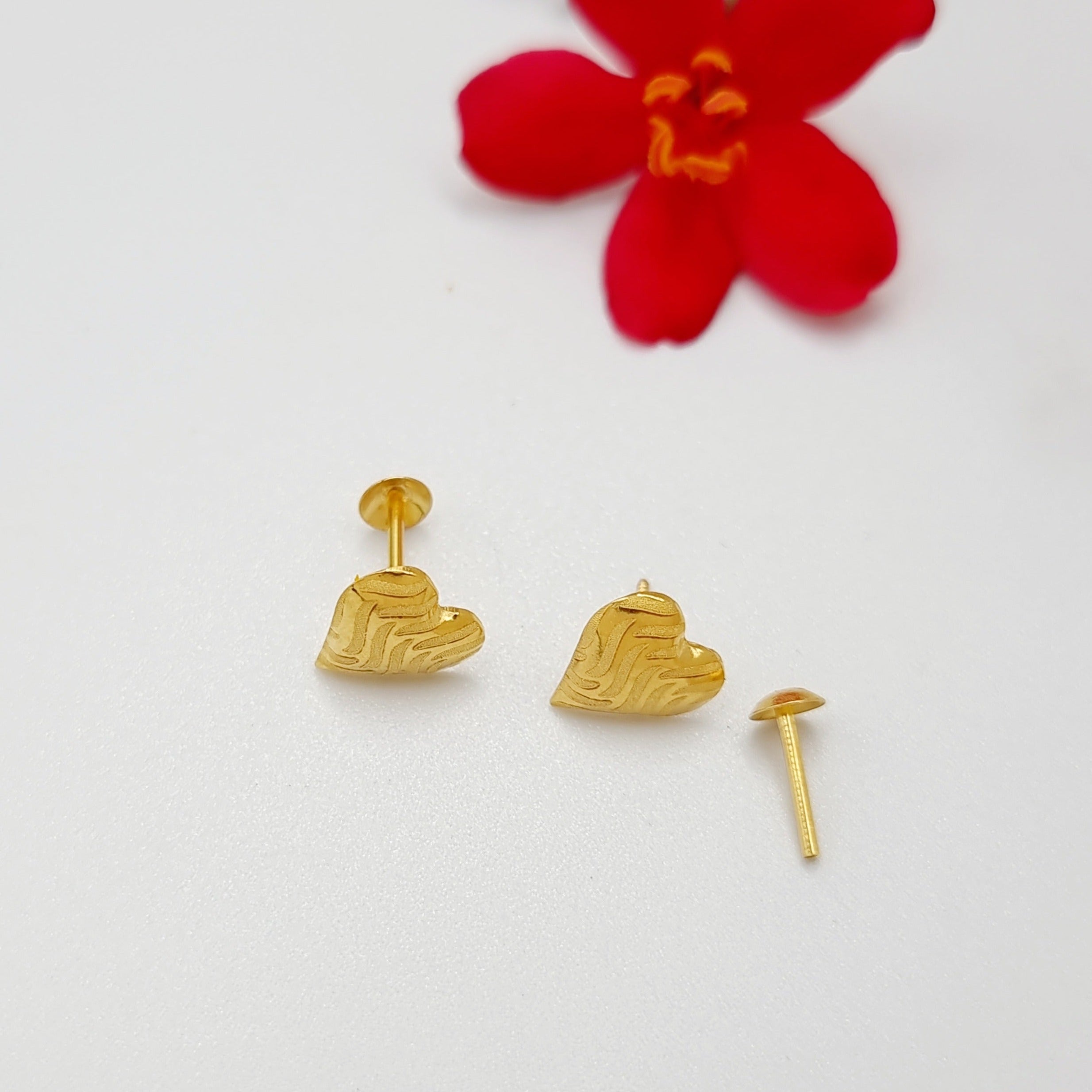 18K Pure Gold Heart Stud Earring Set