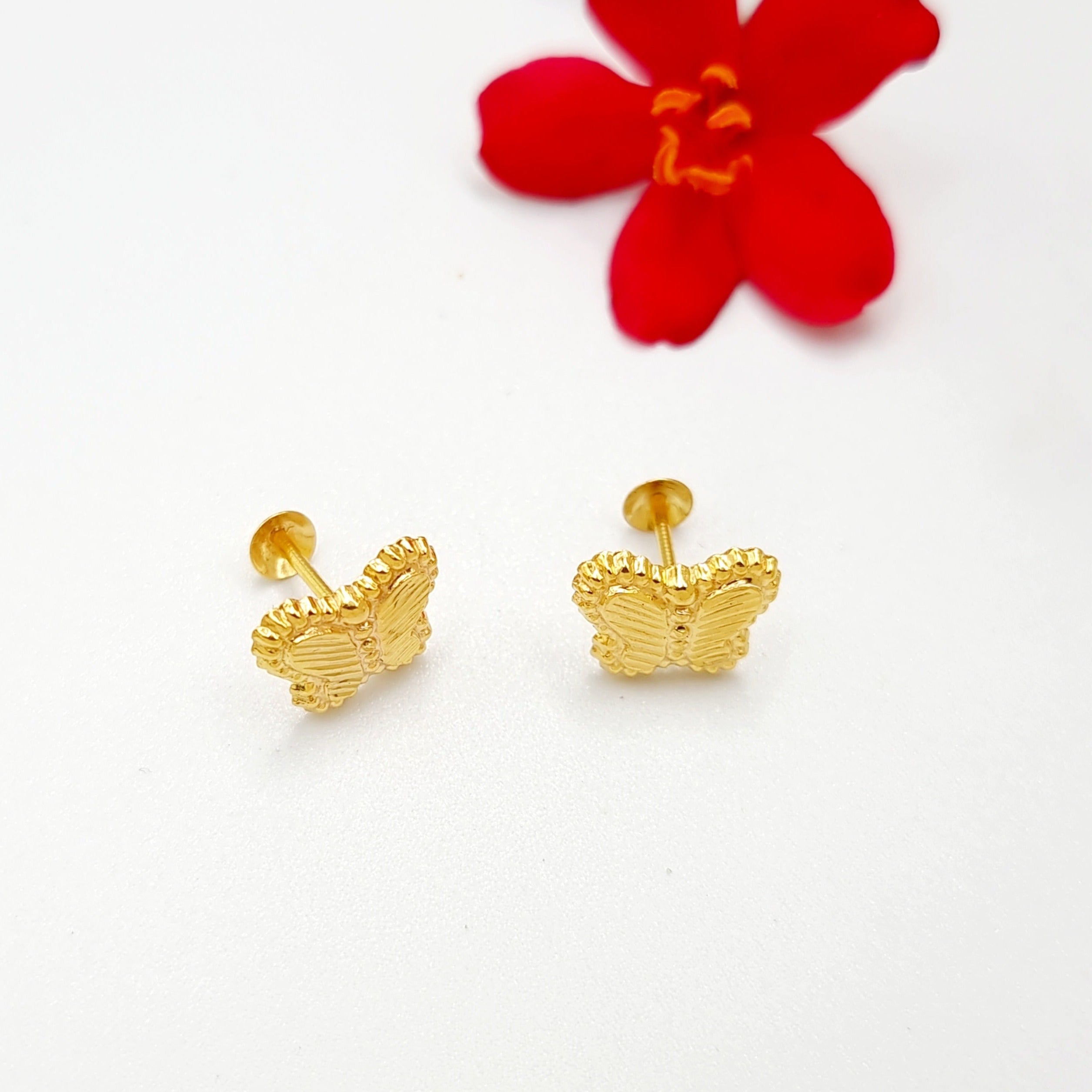 18K Pure Gold Butterfly Screw Earring Set