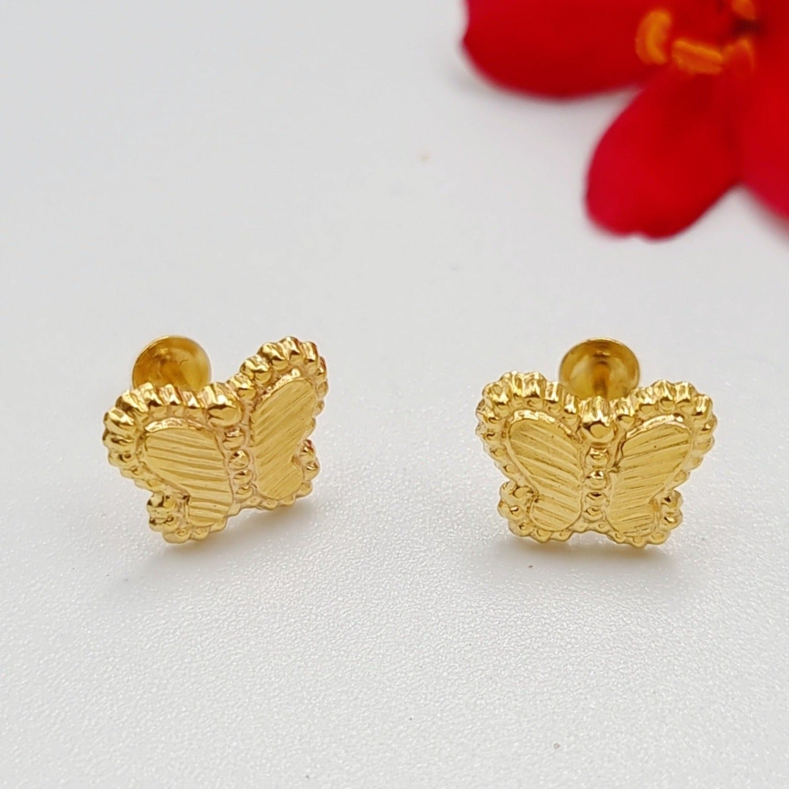 18K Pure Gold Butterfly Screw Earring Set