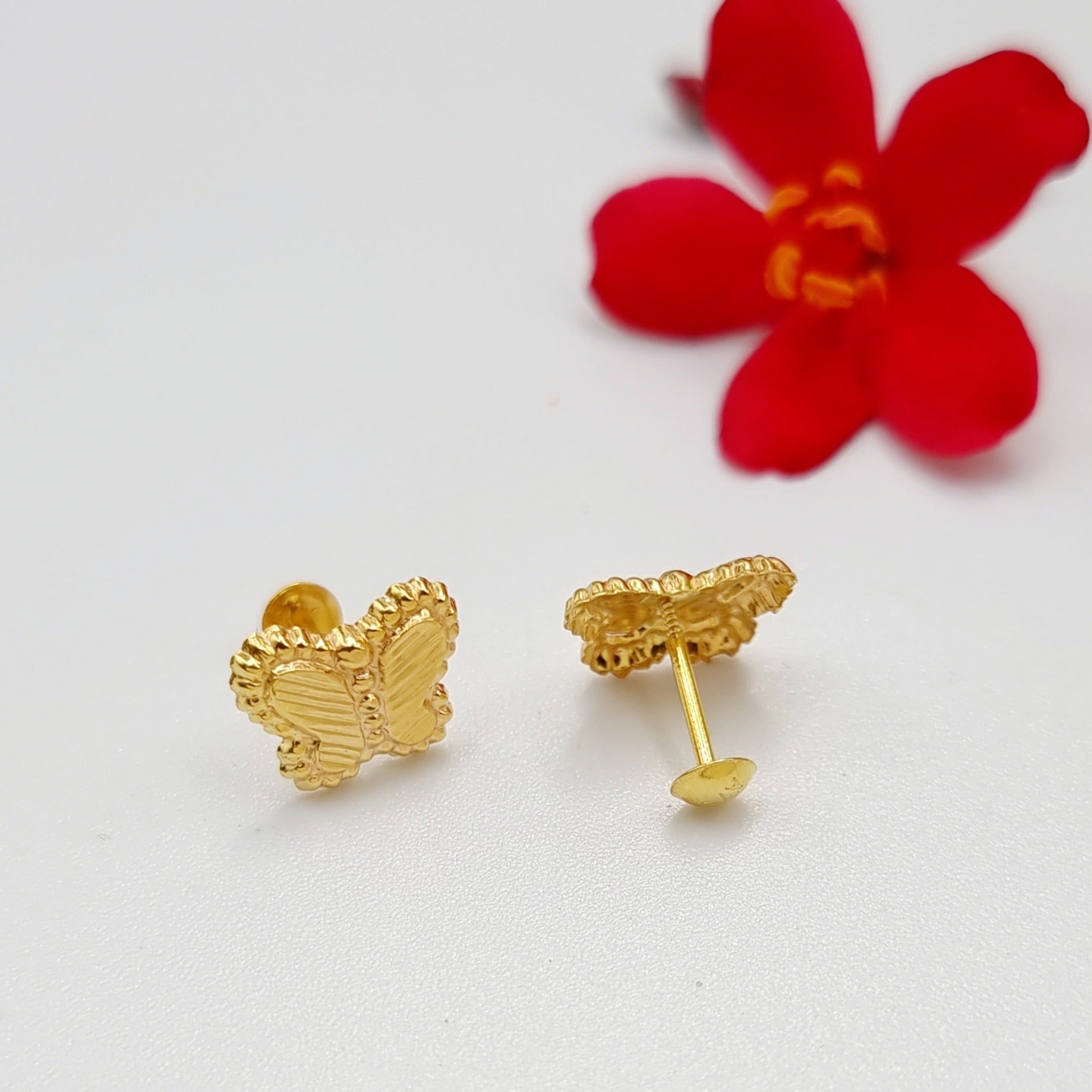 18K Pure Gold Butterfly Screw Earring Set