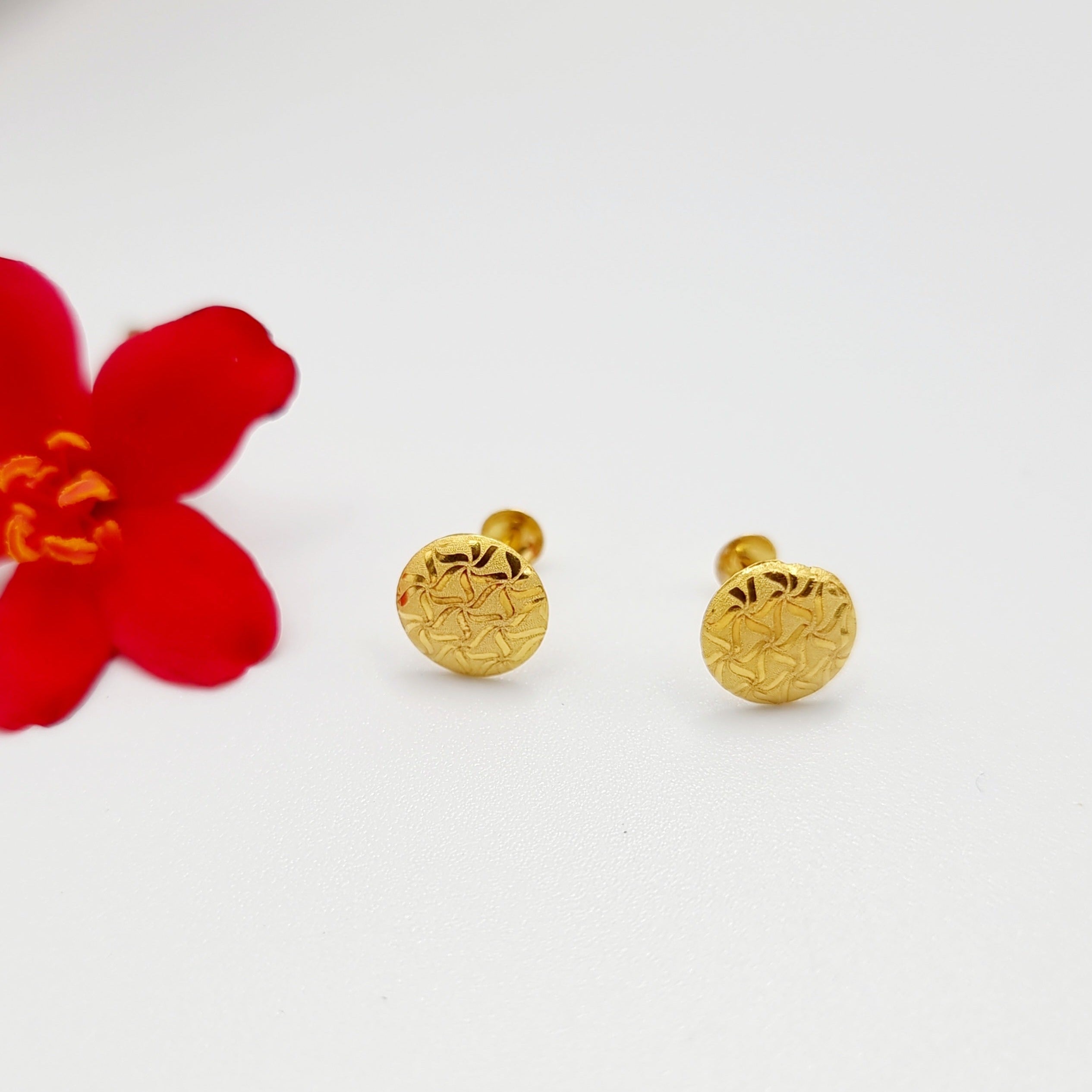 18K Pure Gold Round Stud Earring Set