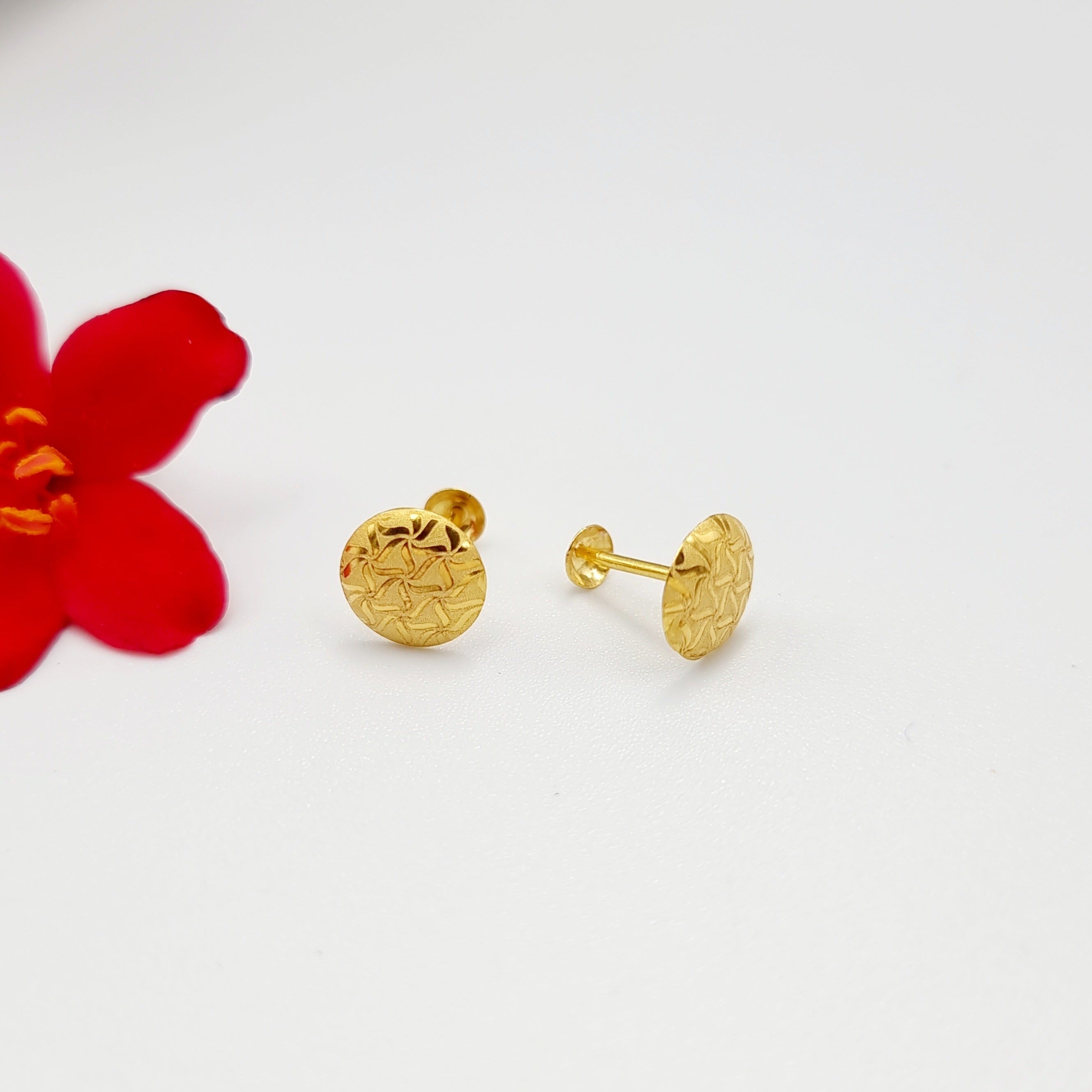 18K Pure Gold Round Stud Earring Set