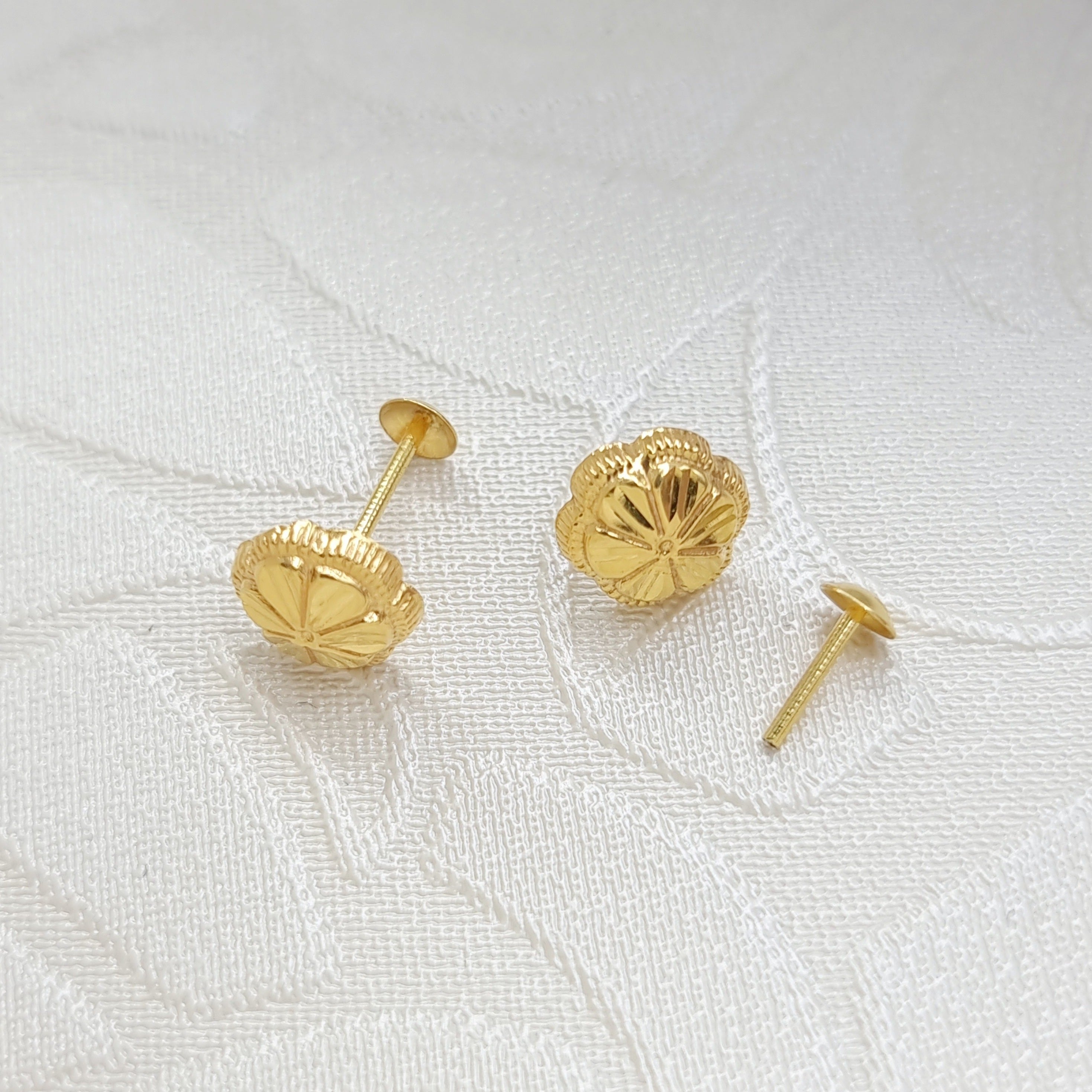 18K Pure Gold Flower Screw Earring Set