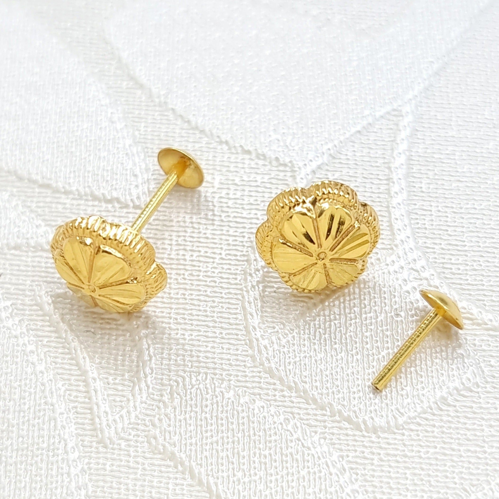 18K Pure Gold Flower Screw Earring Set