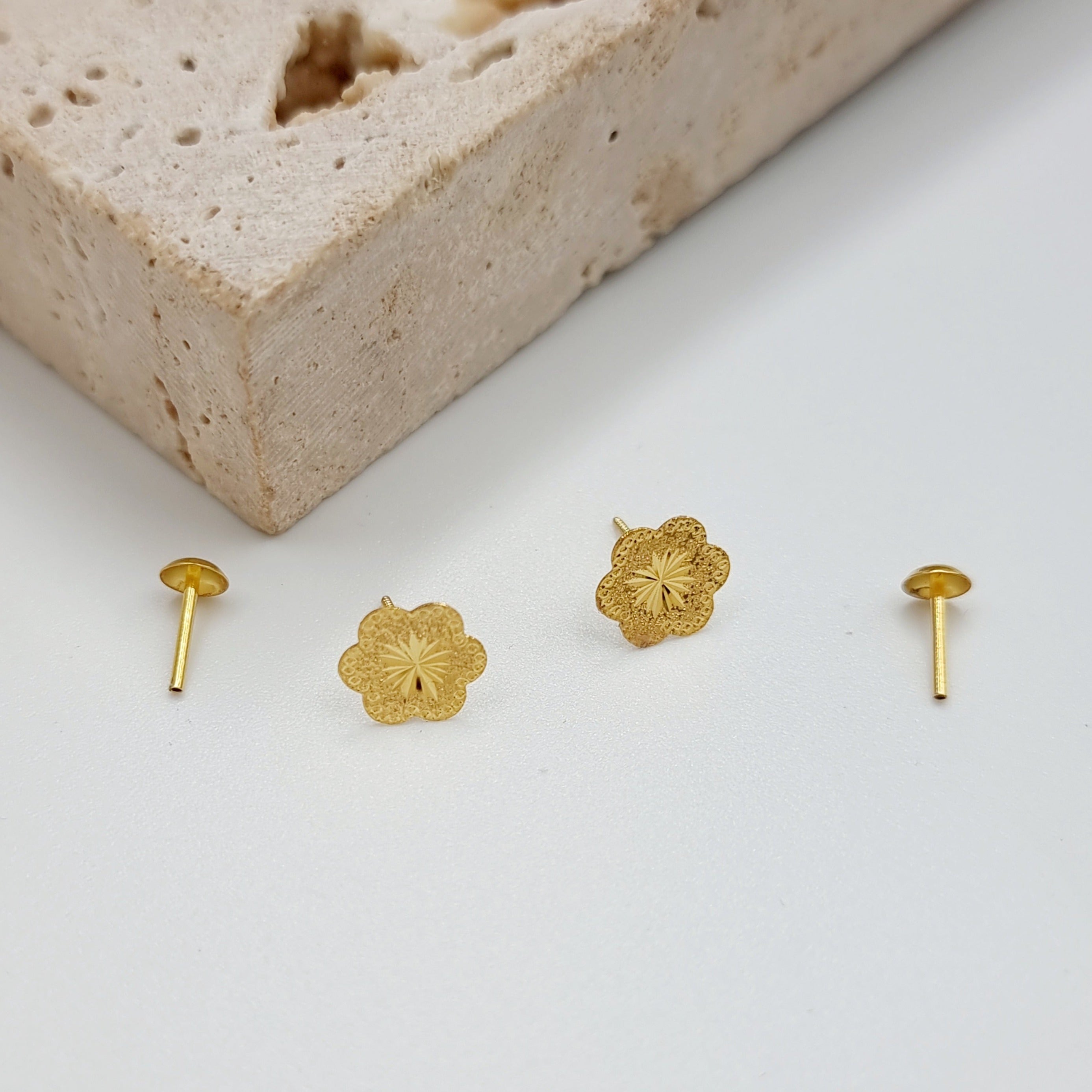 18K Pure Gold Flower Screw Earring Set