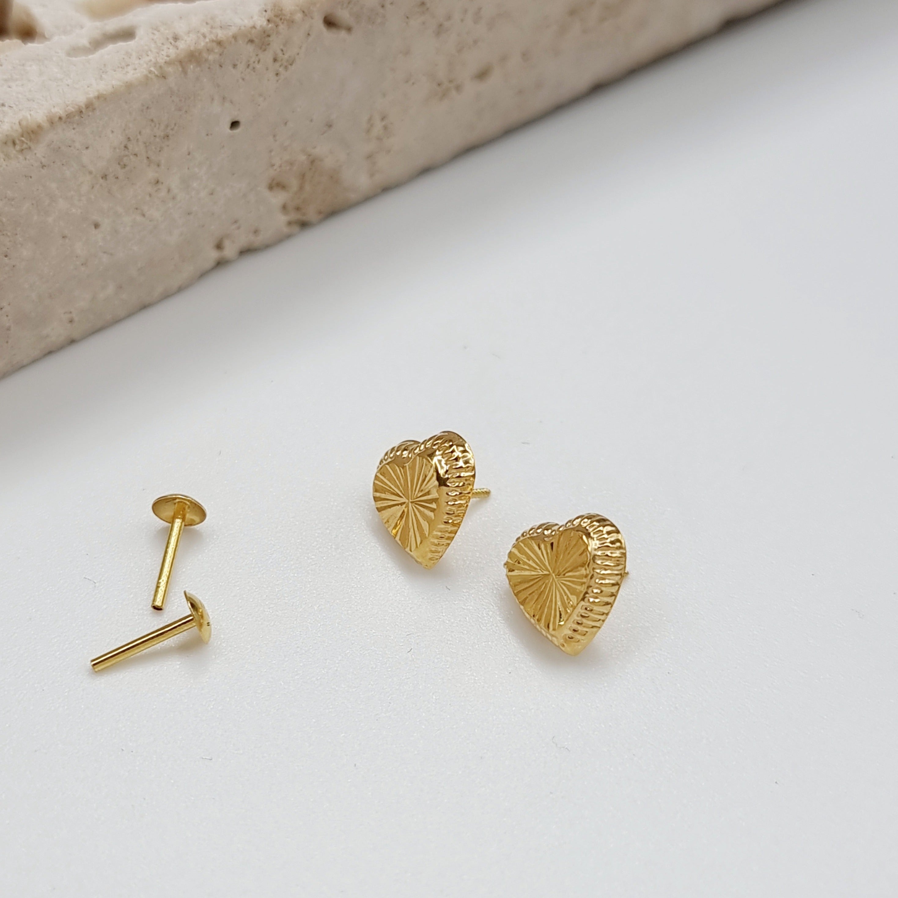 18K Pure Gold Heart Screw Earring Set