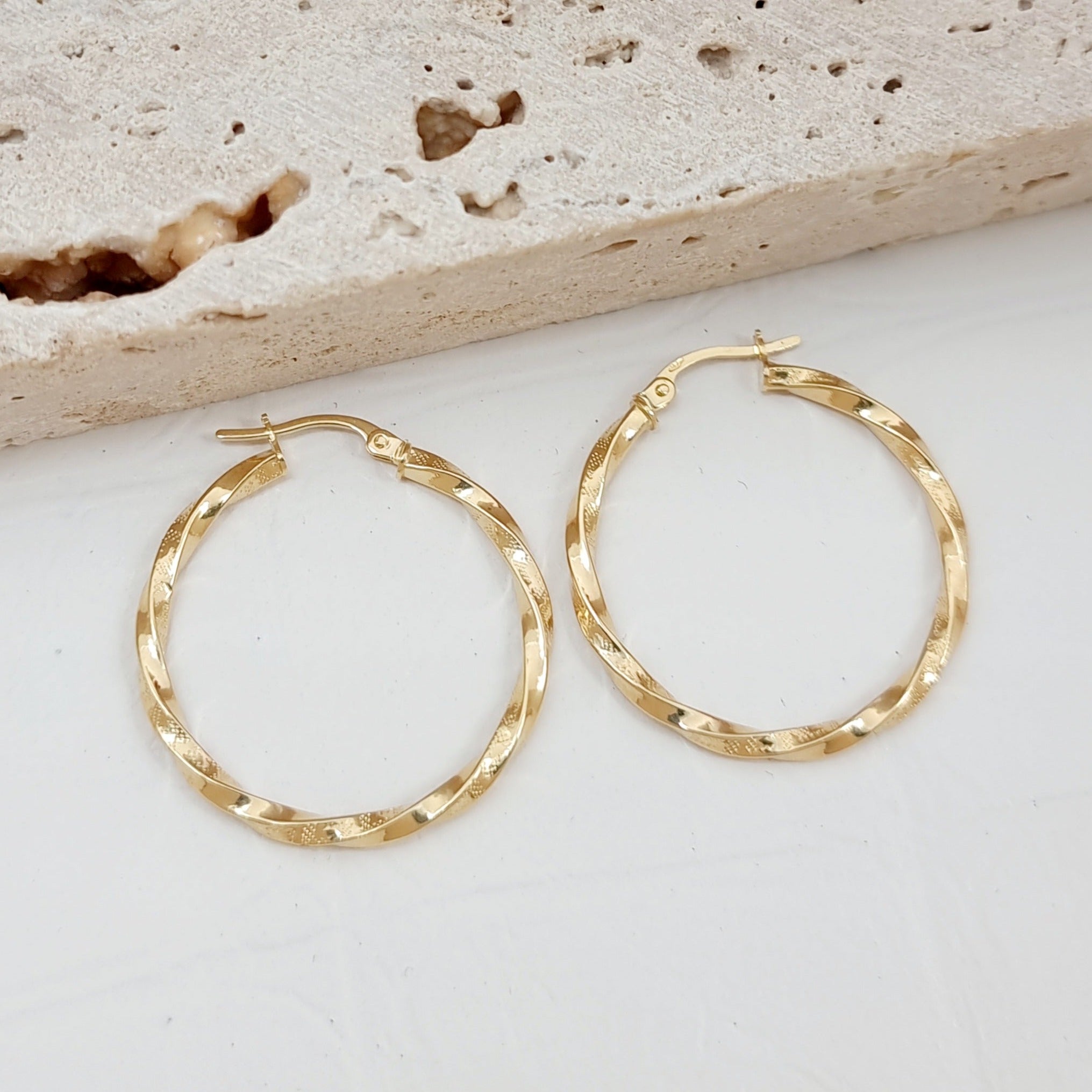 18K Pure Gold Large Twisted Hoop Earring Set