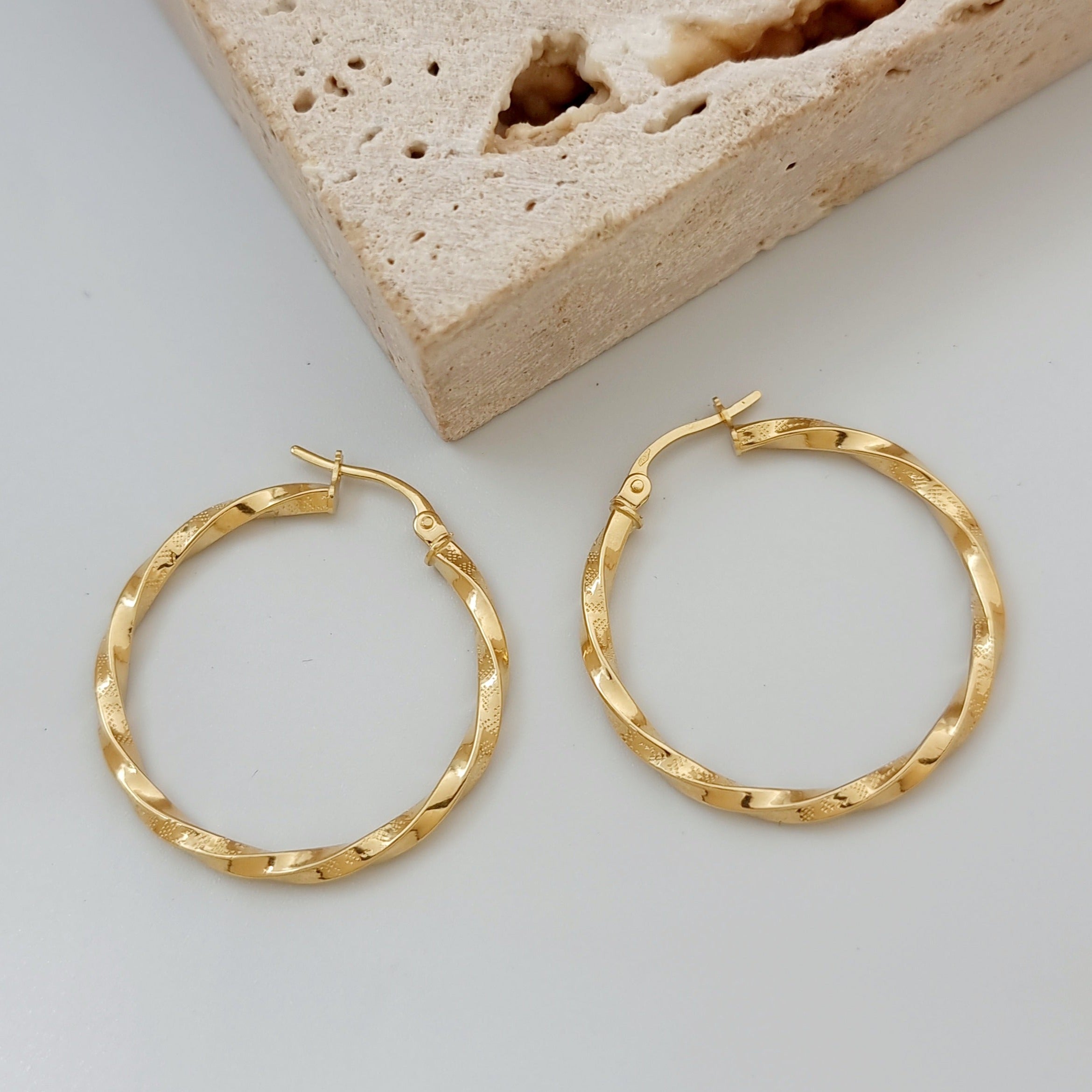 18K Pure Gold Large Twisted Hoop Earring Set