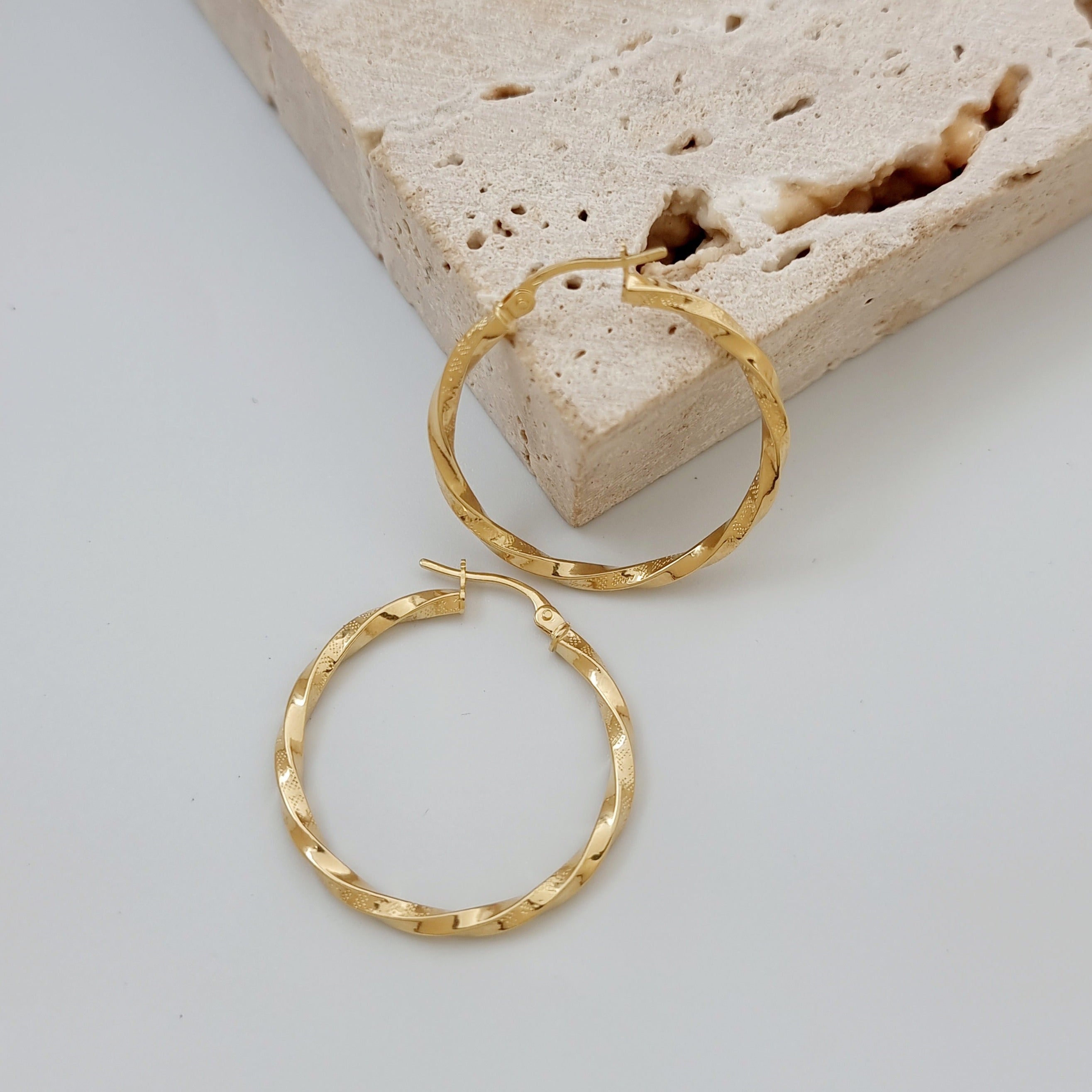 18K Pure Gold Large Twisted Hoop Earring Set