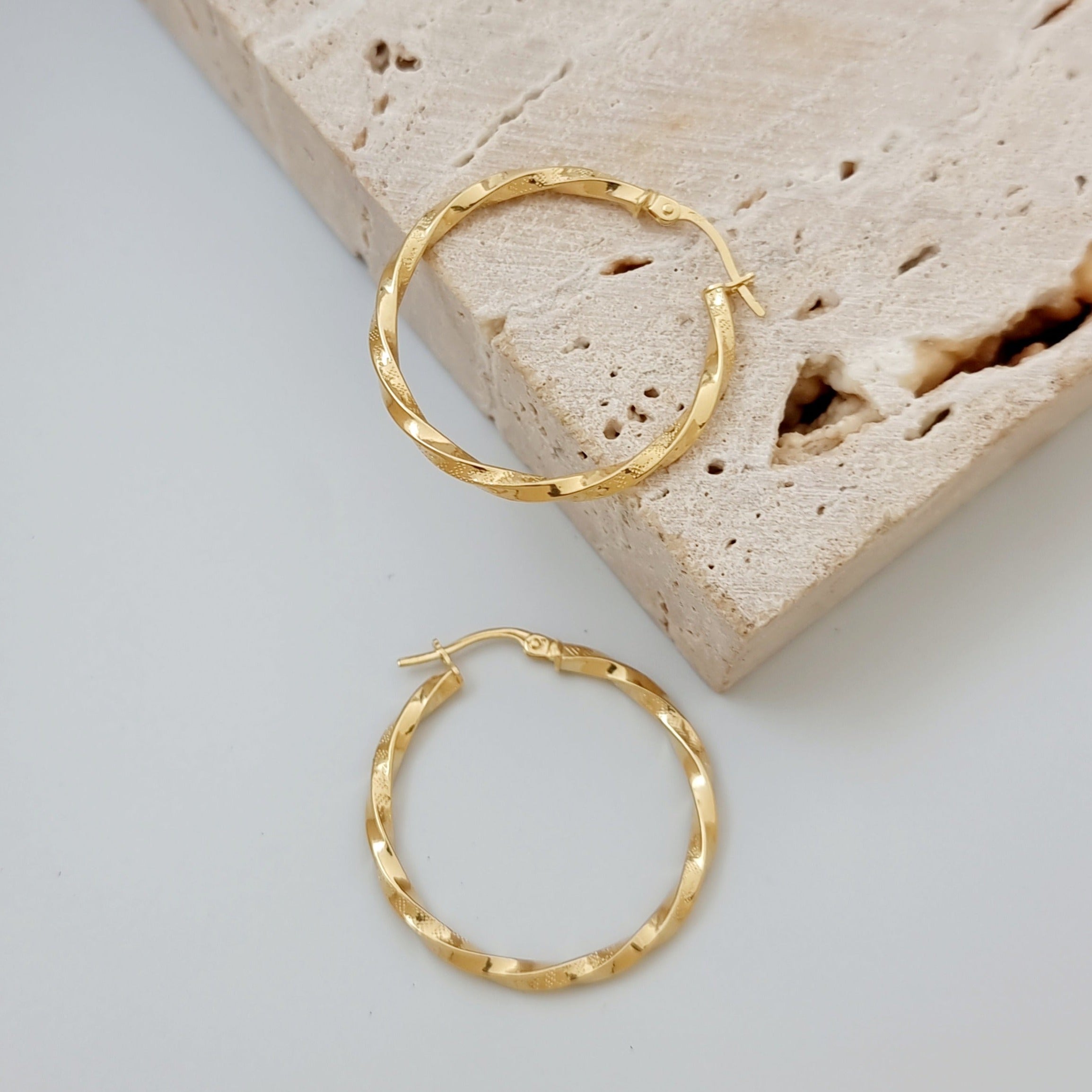 18K Pure Gold Large Twisted Hoop Earring Set