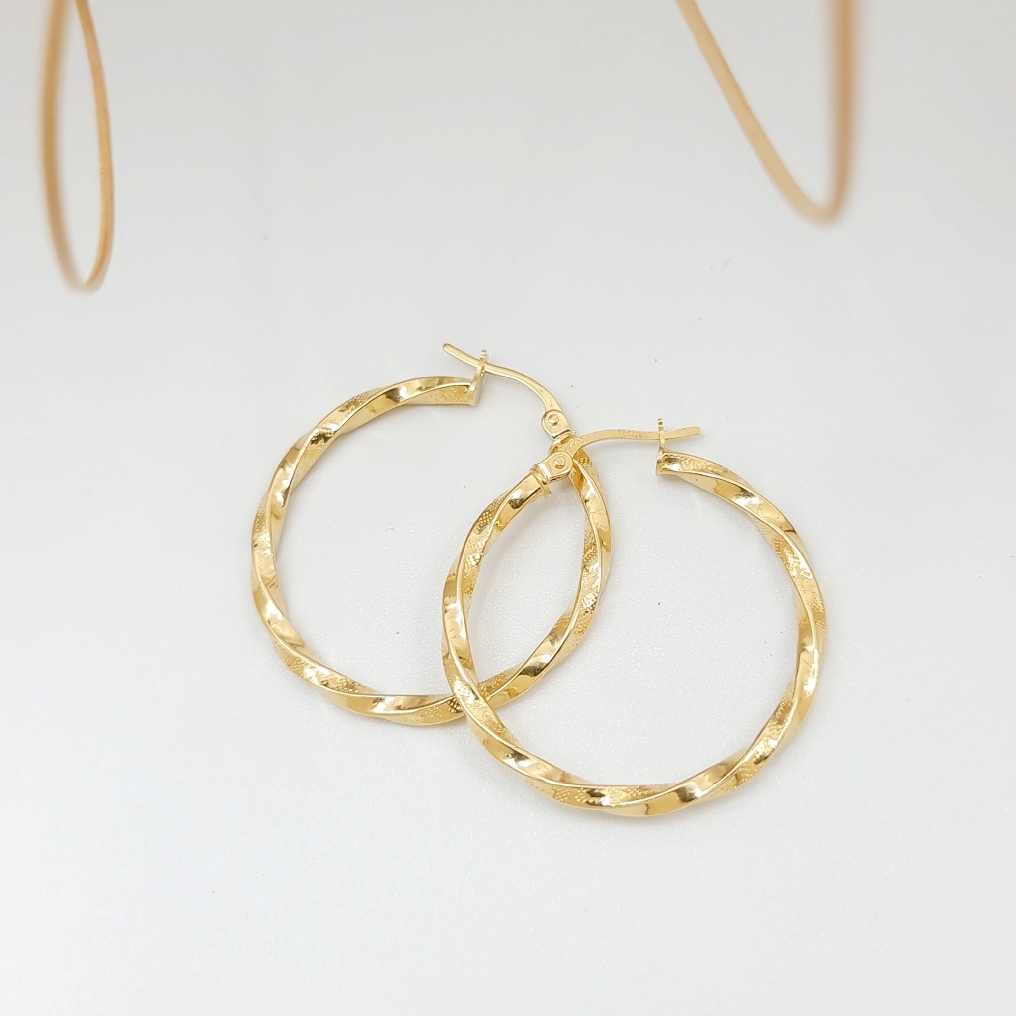 18K Pure Gold Large Twisted Hoop Earring Set