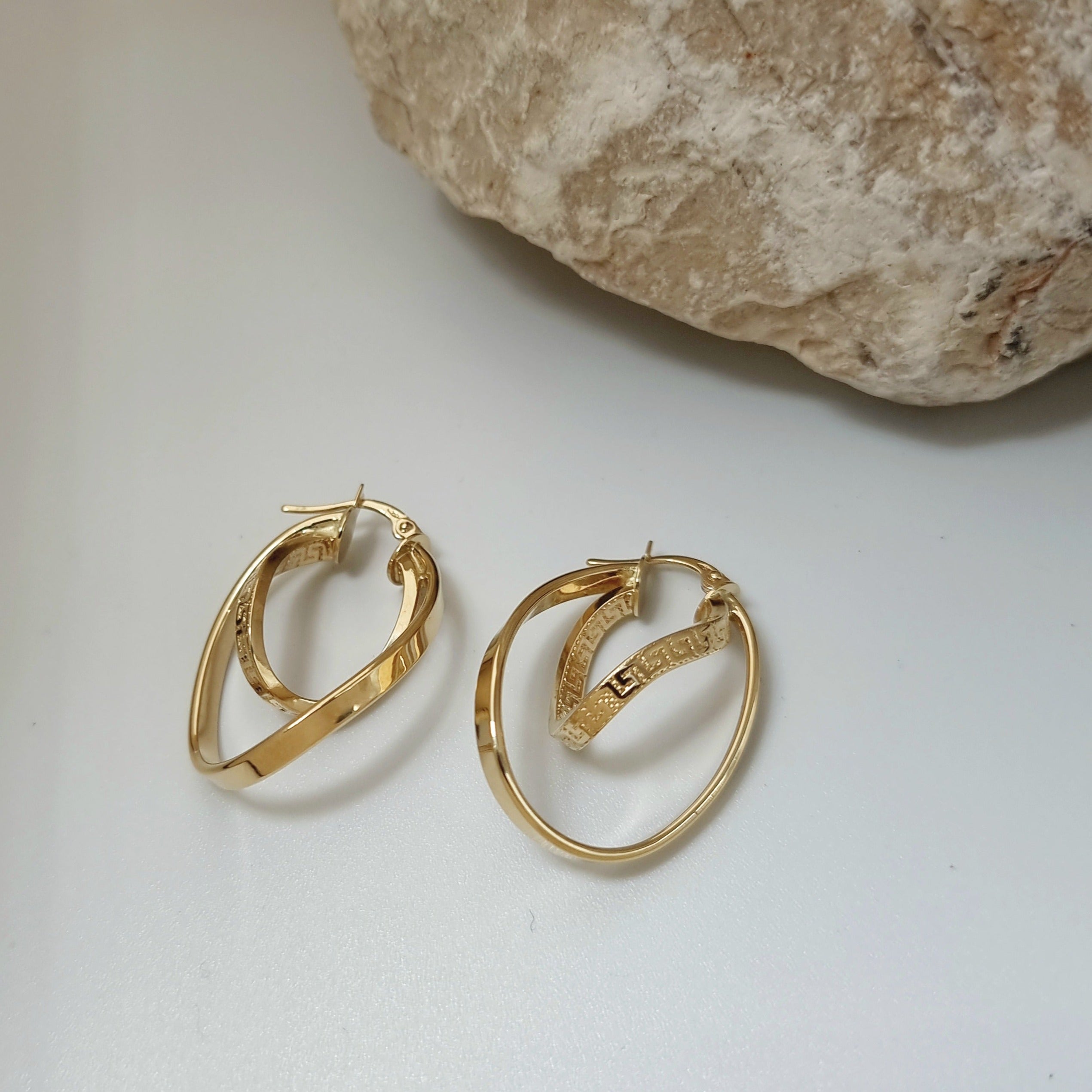 18K Pure Gold Double Oval Earring Set