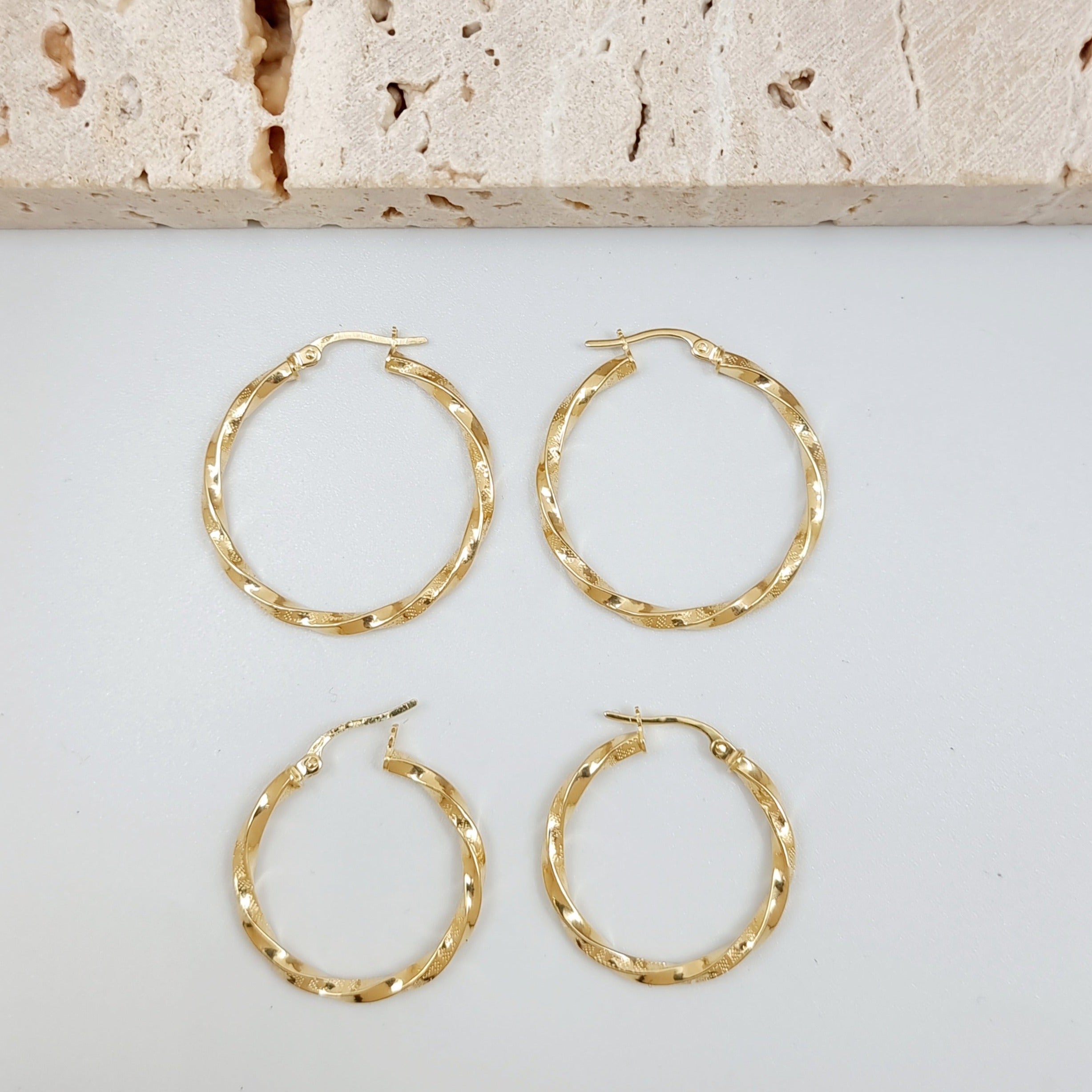 18K Pure Gold Large Twisted Hoop Earring Set